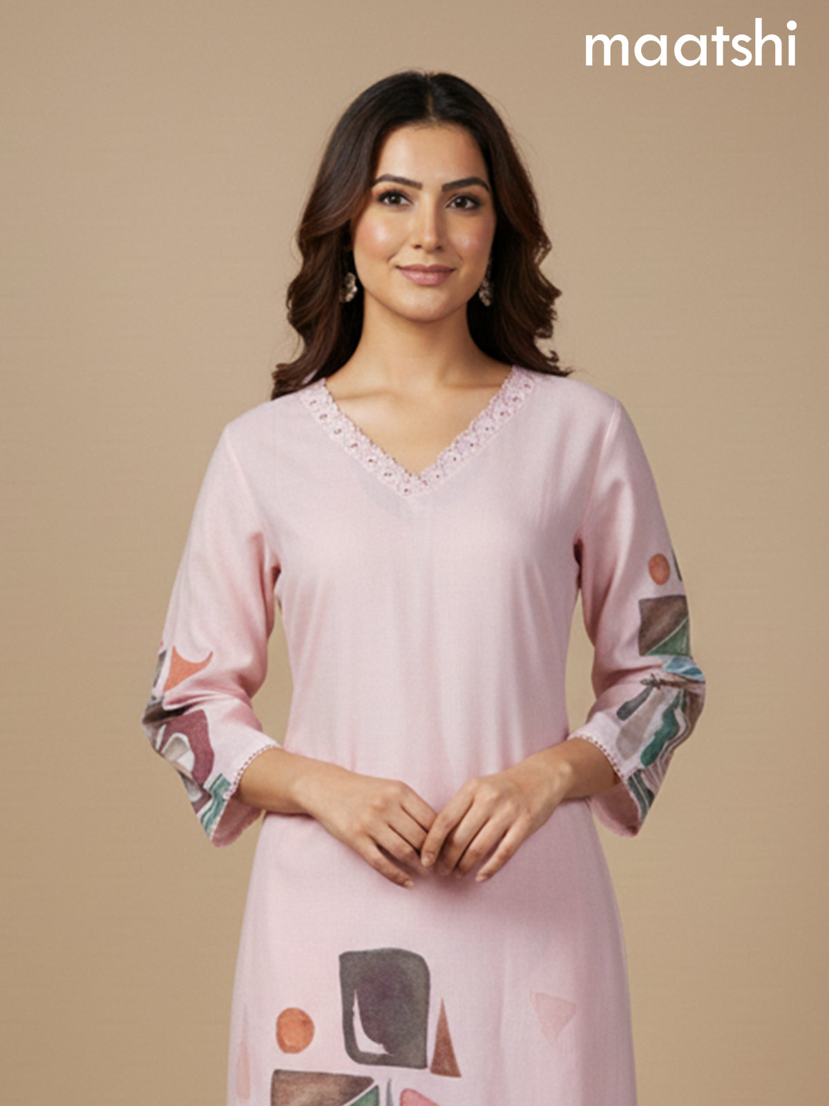 Mild Peach Cotton Blend Printed A-Line Kurti Set