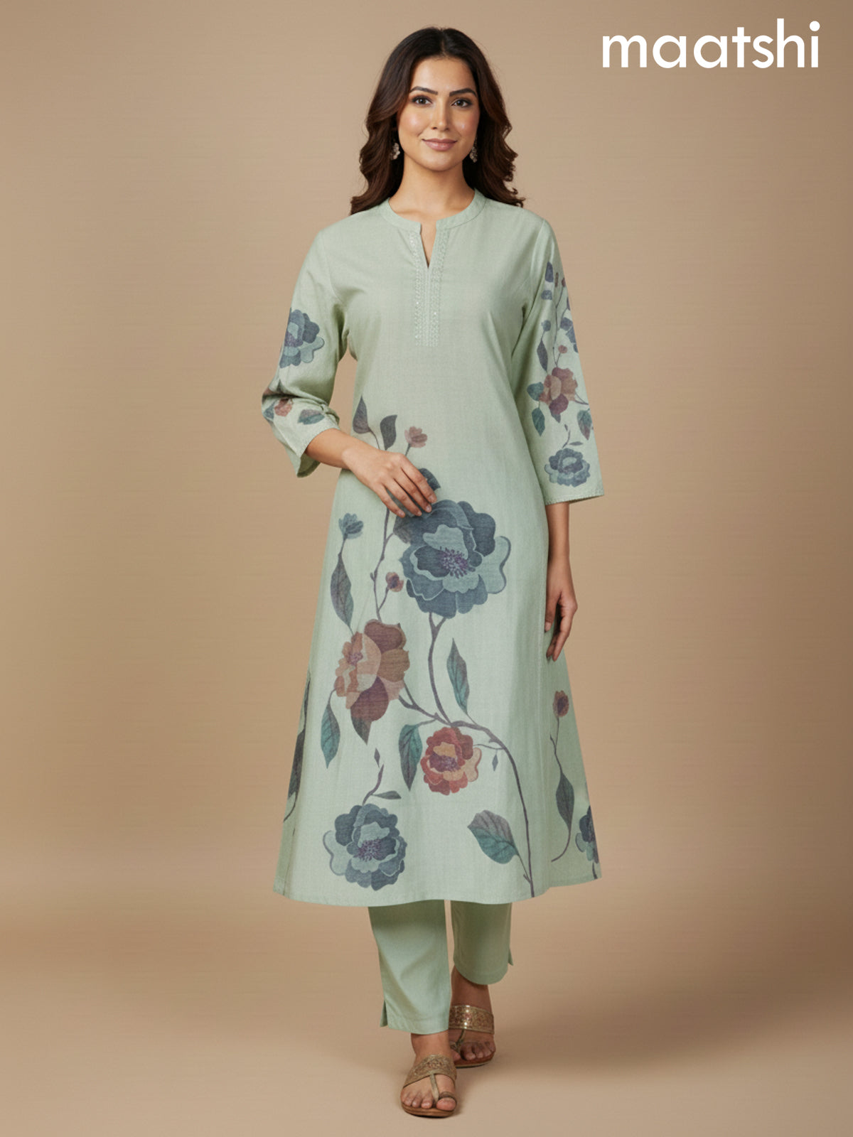 Mild Pista Green Cotton Blend Floral Printed A-Line Kurti Set