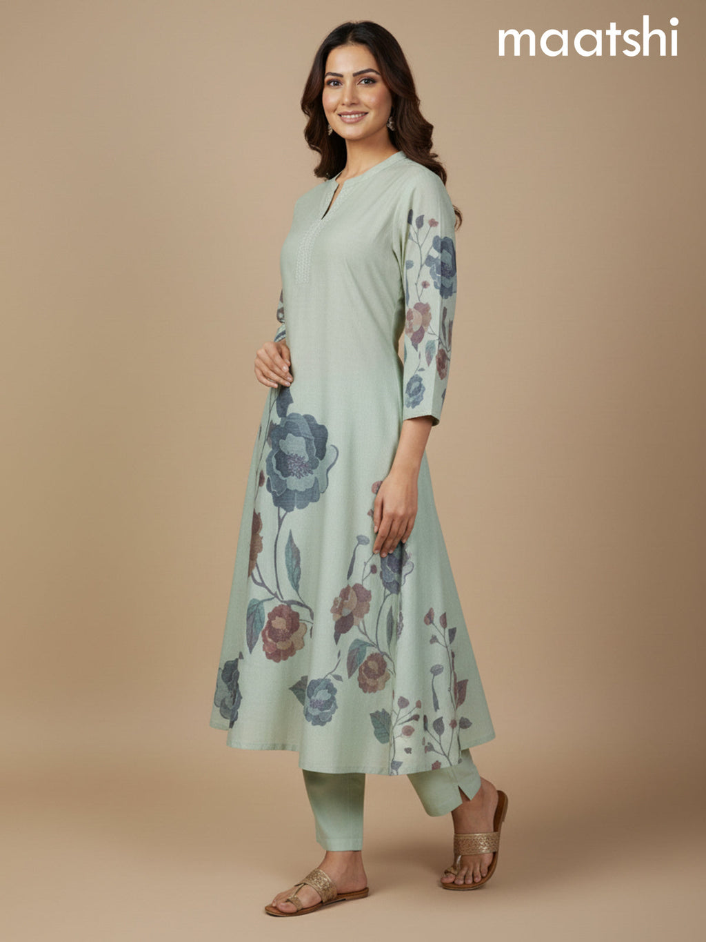 Mild Pista Green Cotton Blend Floral Printed A-Line Kurti Set