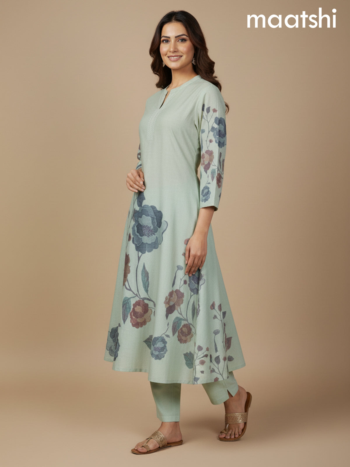 Mild Pista Green Cotton Blend Floral Printed A-Line Kurti Set