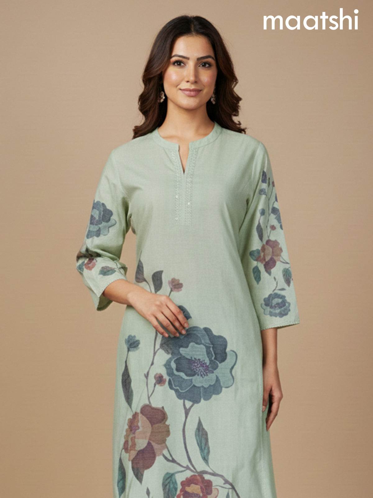 Mild Pista Green Cotton Blend Floral Printed A-Line Kurti Set