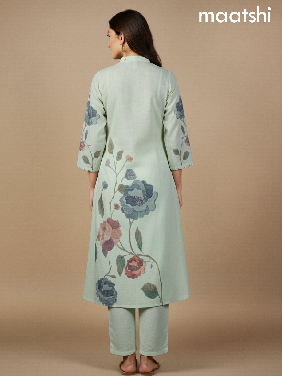 Mild Pista Green Cotton Blend Floral Printed A-Line Kurti Set