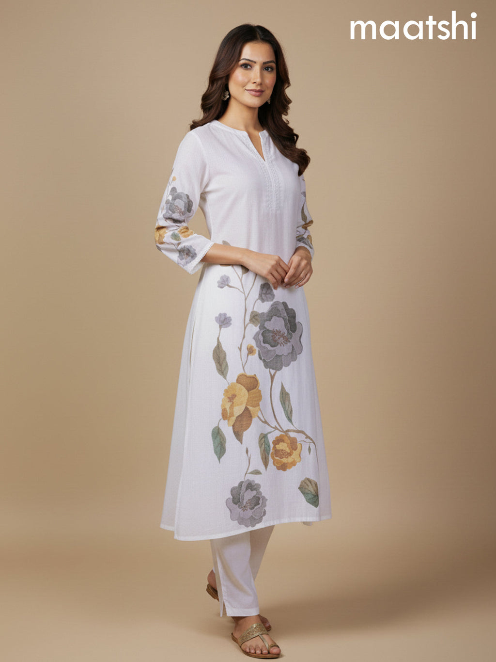 Off White Cotton Blend Floral Printed A-Line Kurti Set