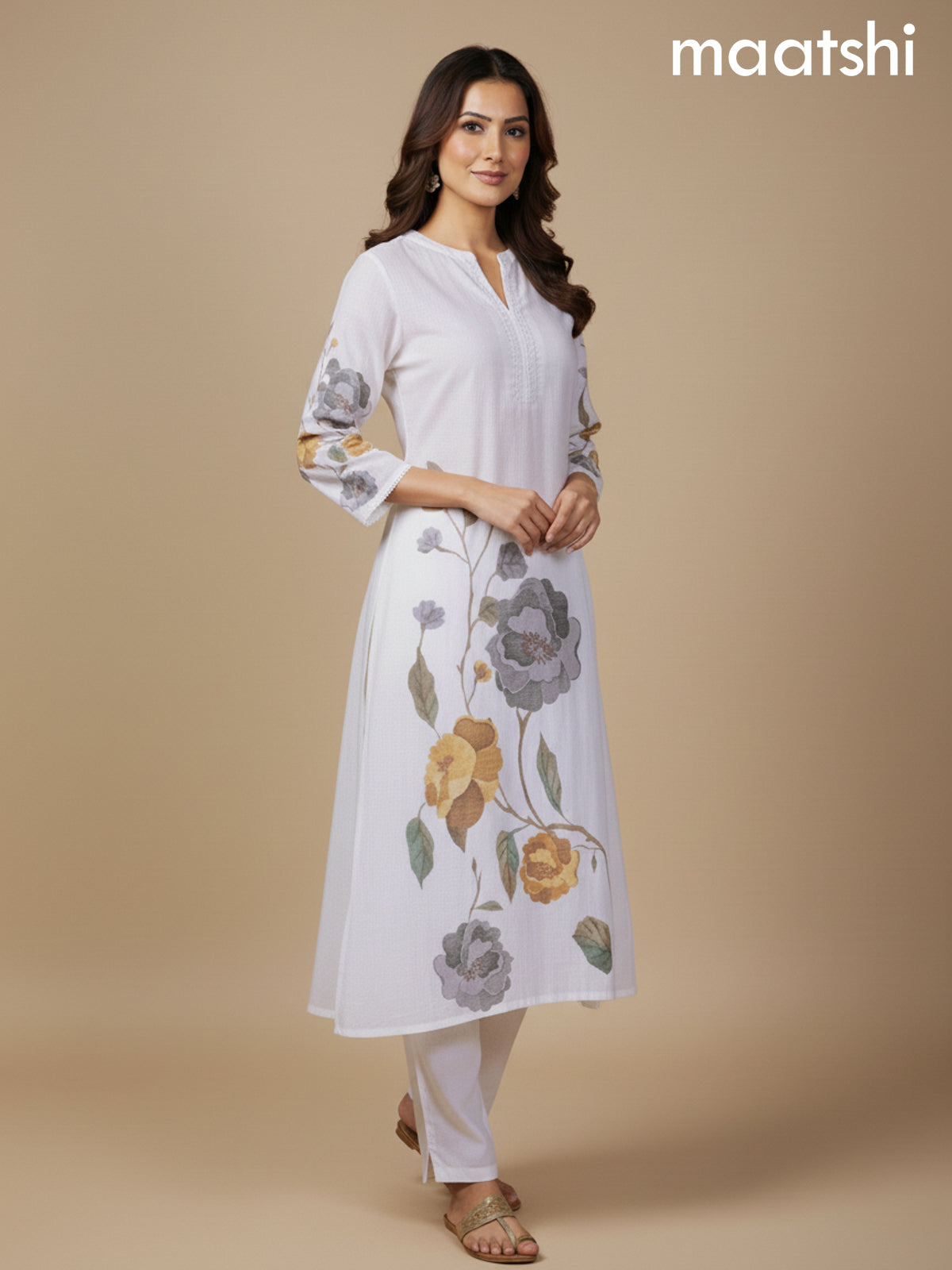 Off White Cotton Blend Floral Printed A-Line Kurti Set