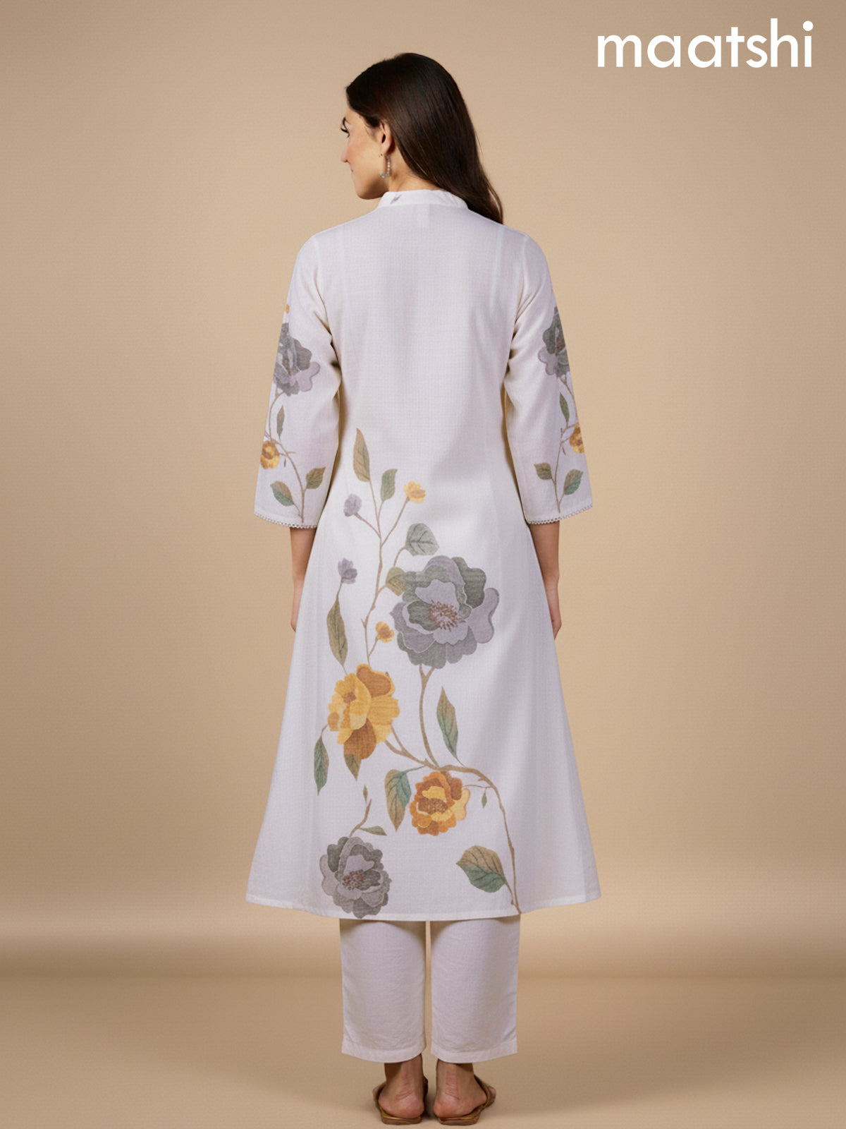Off White Cotton Blend Floral Printed A-Line Kurti Set