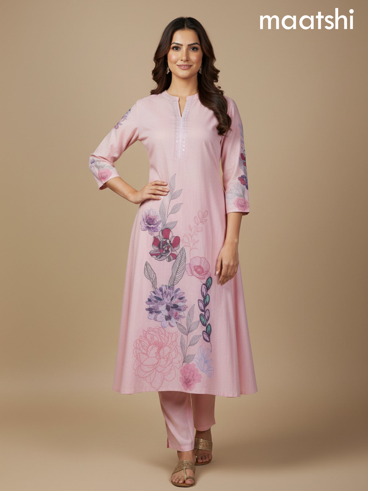 Peach Shade Cotton Blend Floral Printed A-Line Kurti Set