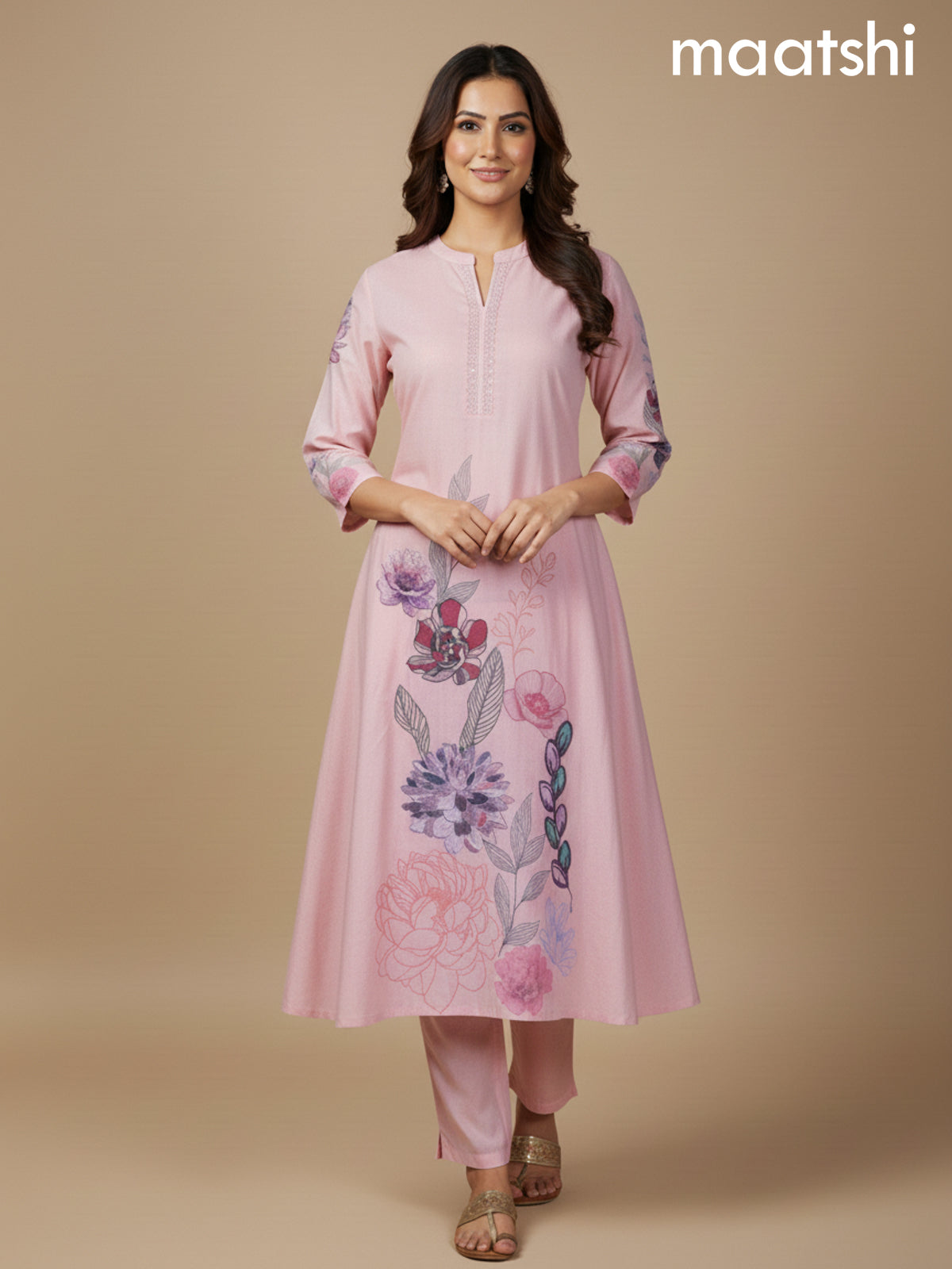 Peach Shade Cotton Blend Floral Printed A-Line Kurti Set