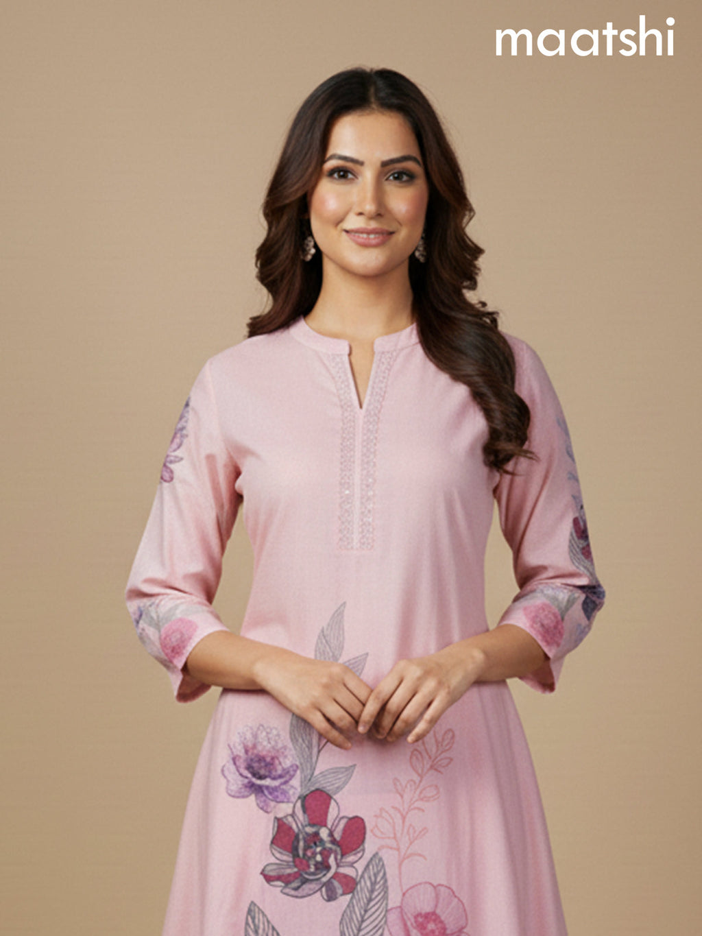 Peach Shade Cotton Blend Floral Printed A-Line Kurti Set