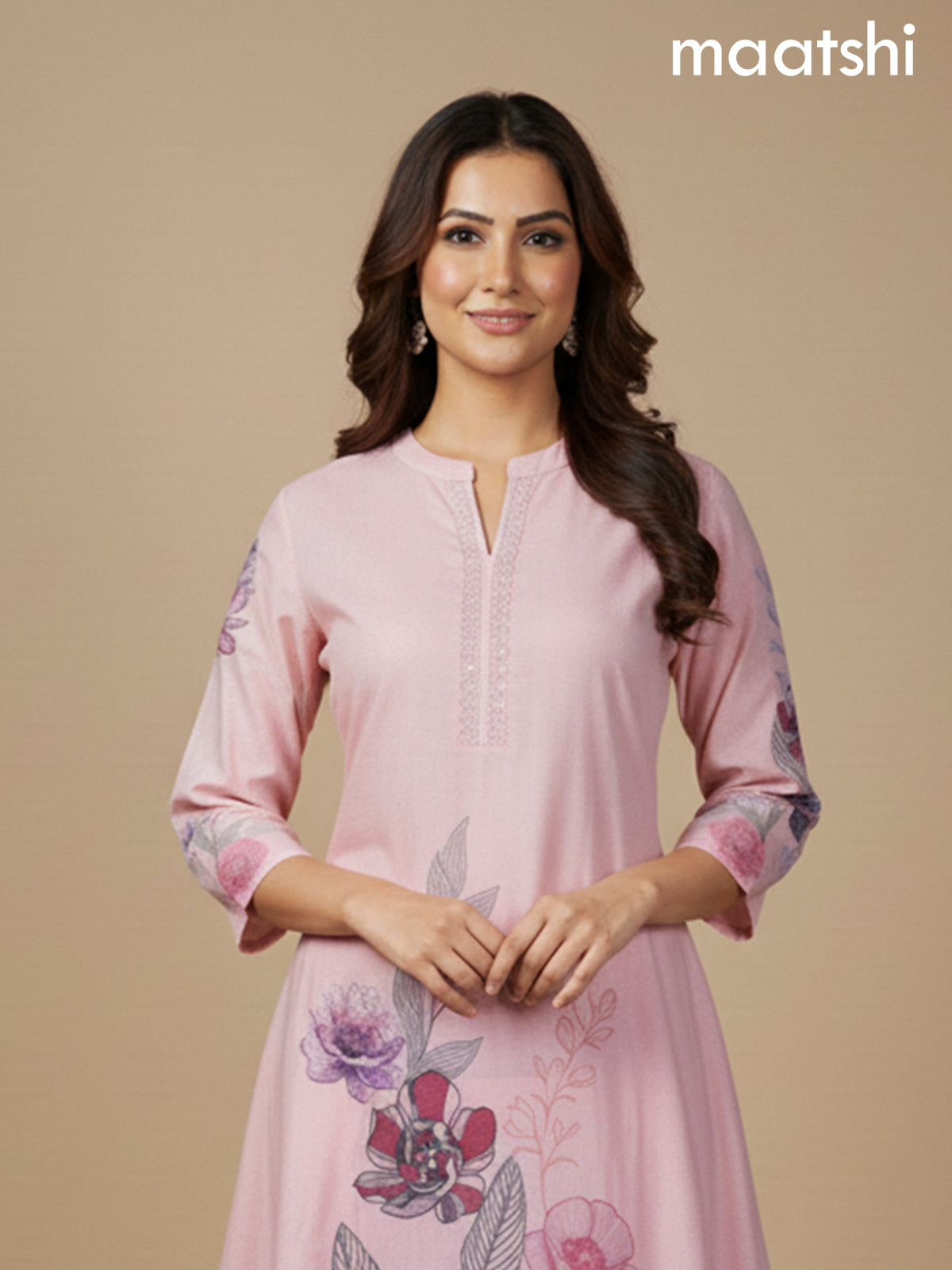 Peach Shade Cotton Blend Floral Printed A-Line Kurti Set