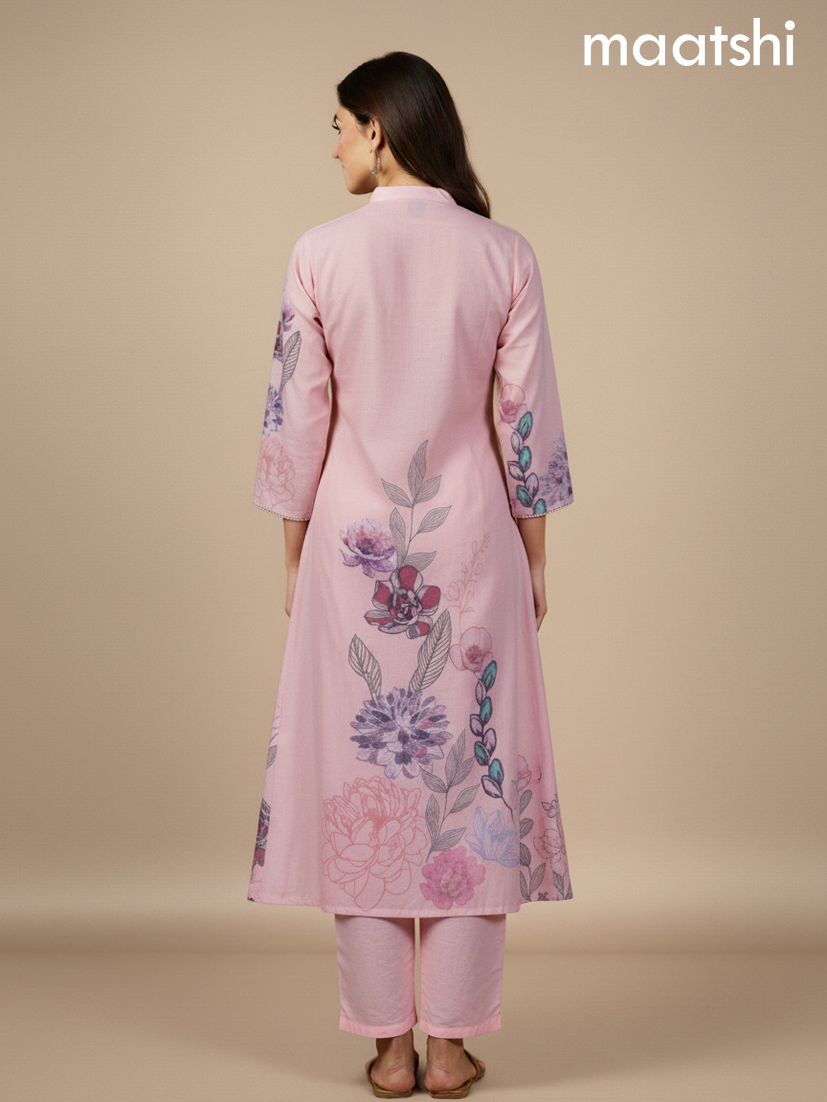 Peach Shade Cotton Blend Floral Printed A-Line Kurti Set