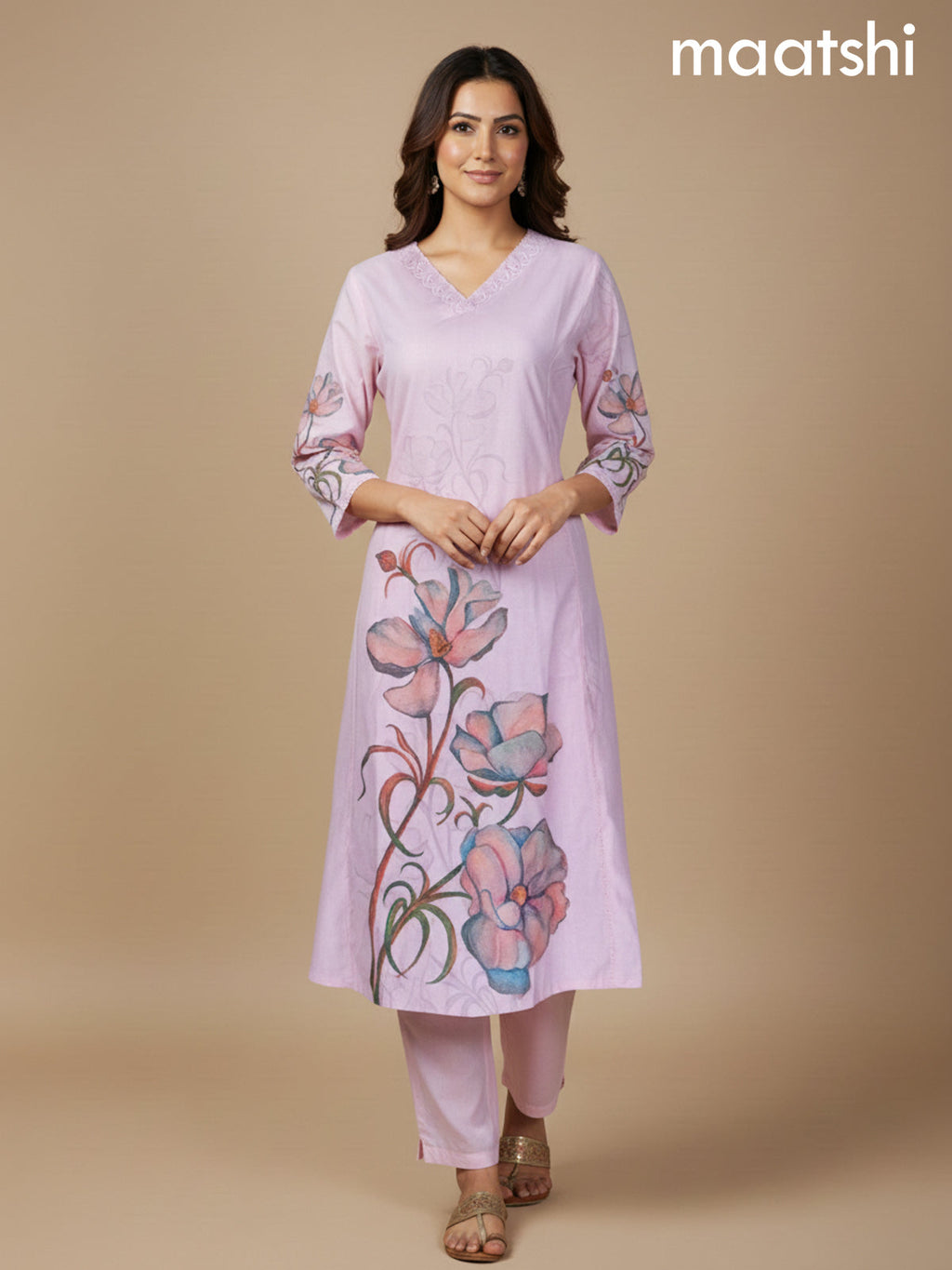 Peach Pink Shade Cotton Blend Floral Printed A-Line Kurti Set