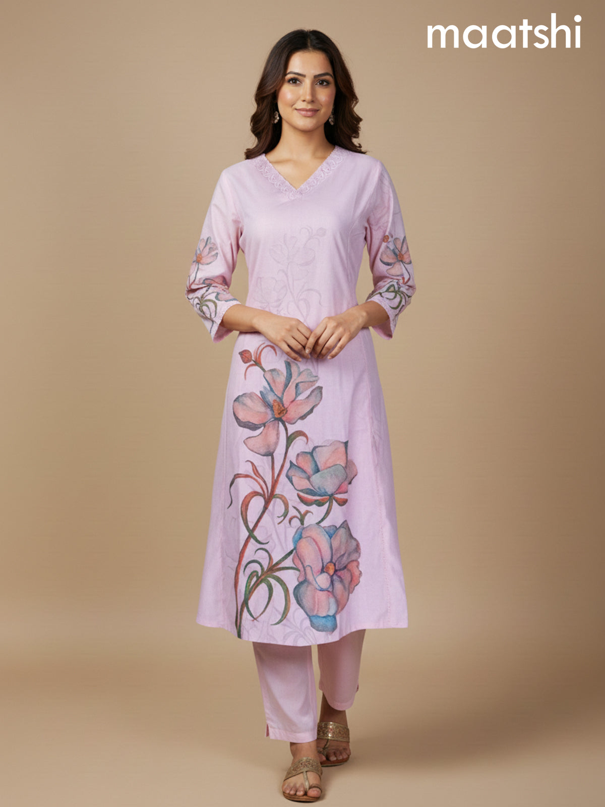 Peach Pink Shade Cotton Blend Floral Printed A-Line Kurti Set