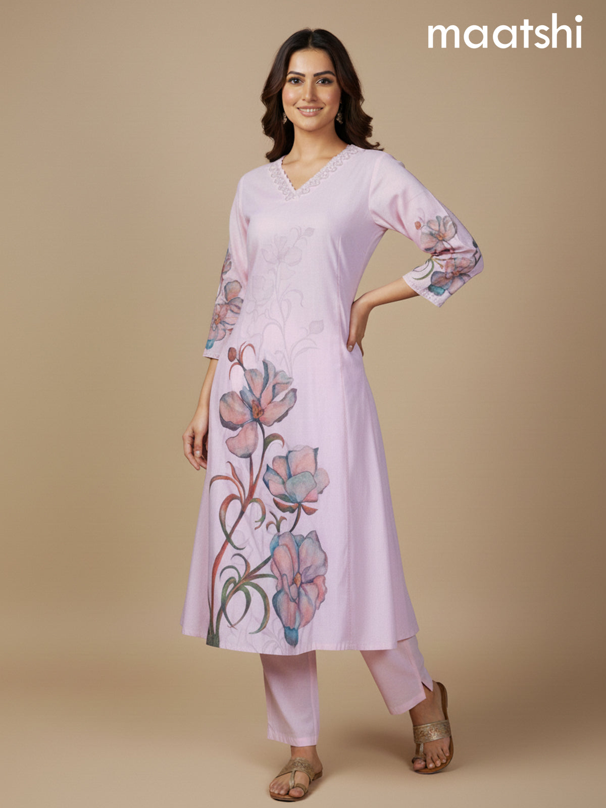 Peach Pink Shade Cotton Blend Floral Printed A-Line Kurti Set