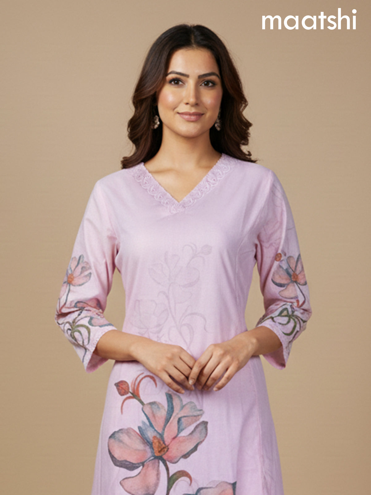 Peach Pink Shade Cotton Blend Floral Printed A-Line Kurti Set