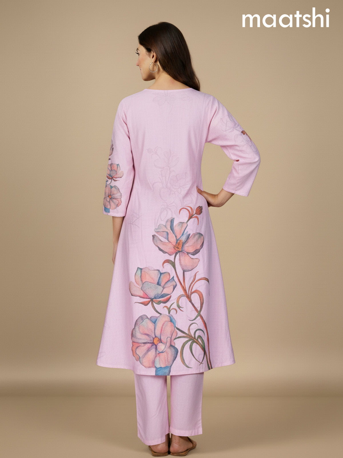 Peach Pink Shade Cotton Blend Floral Printed A-Line Kurti Set