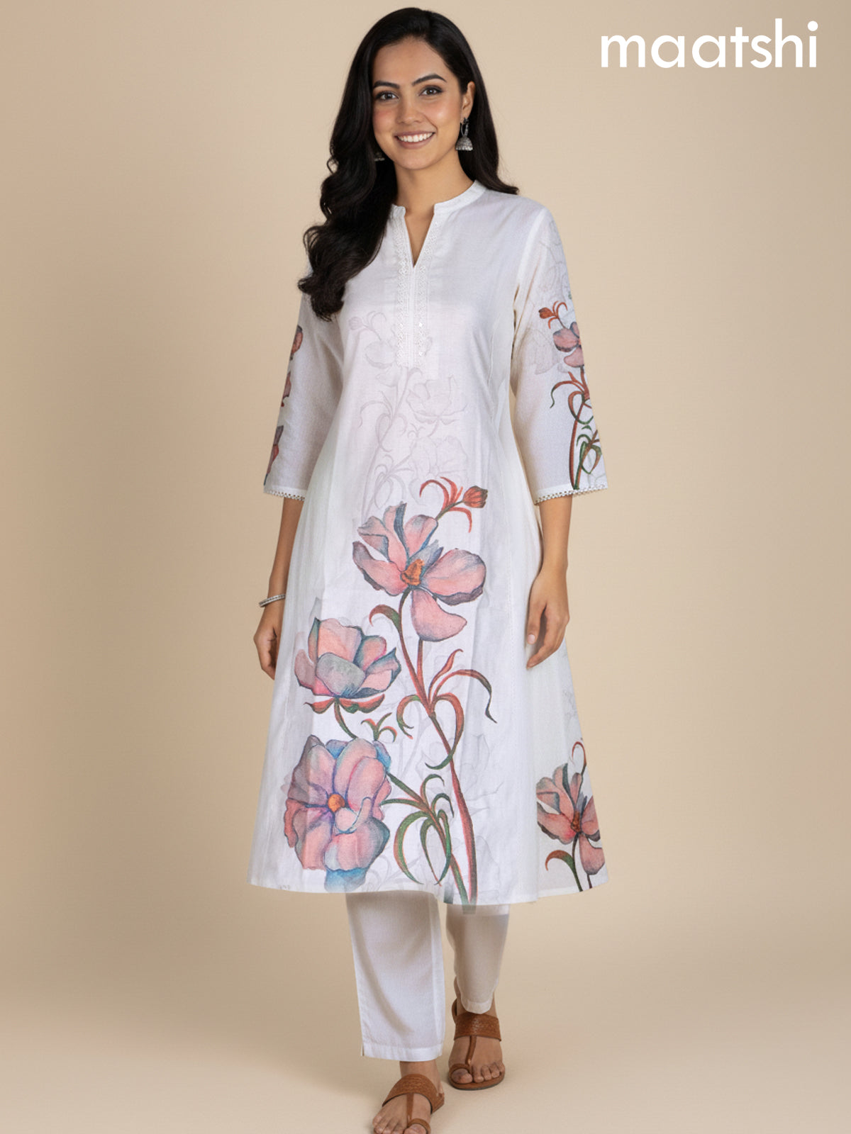 Off White Cotton Blend Floral Printed A-Line Kurti Set