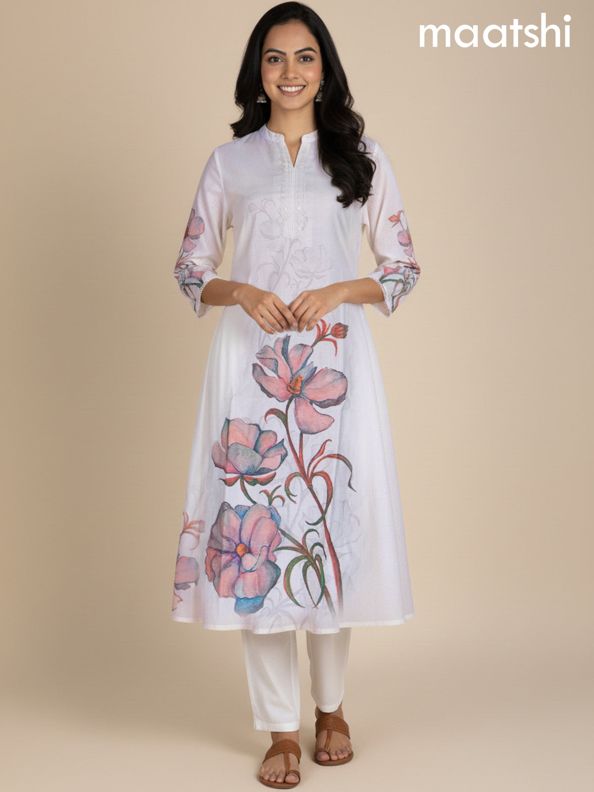 Off White Cotton Blend Floral Printed A-Line Kurti Set