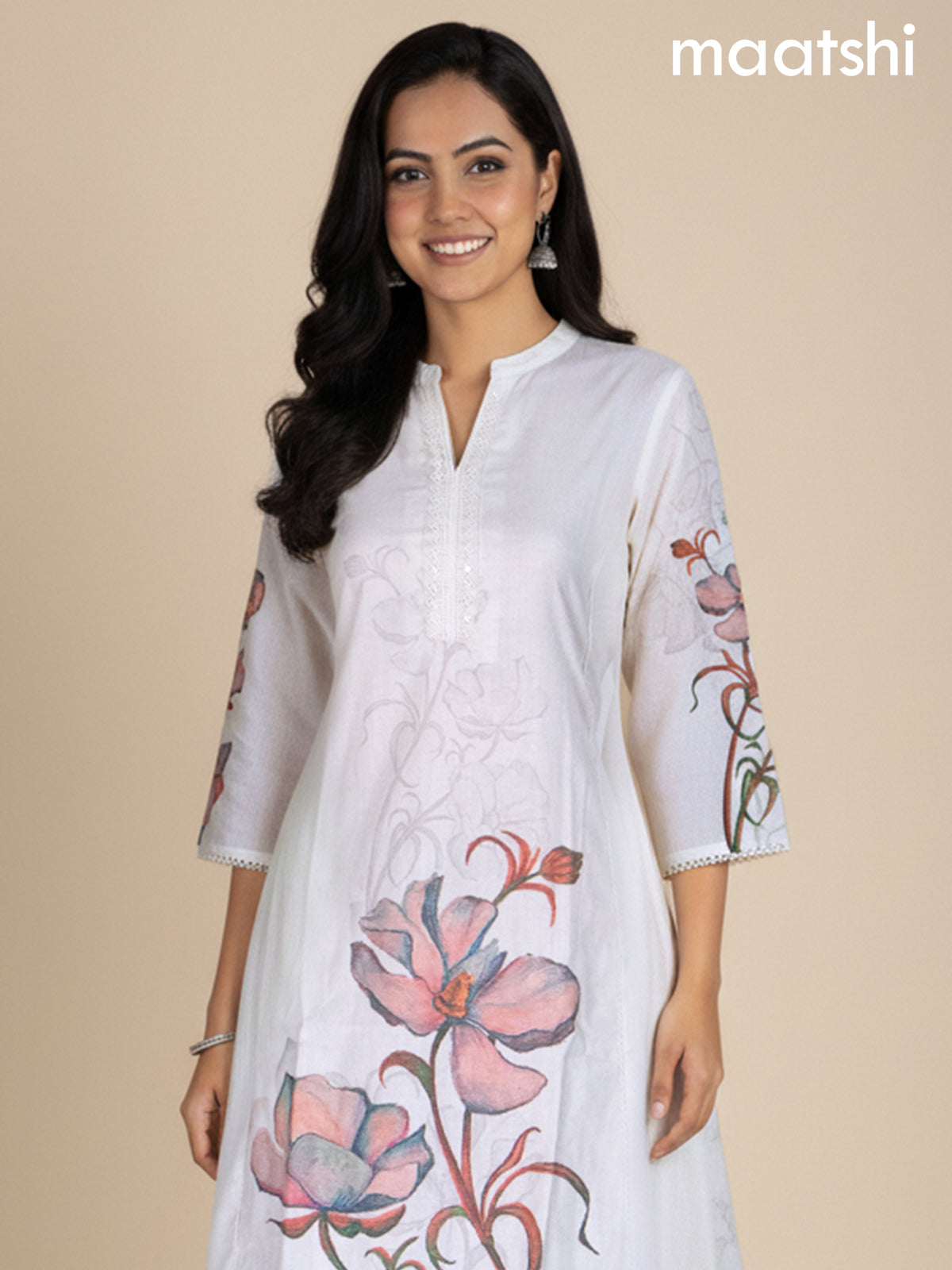 Off White Cotton Blend Floral Printed A-Line Kurti Set