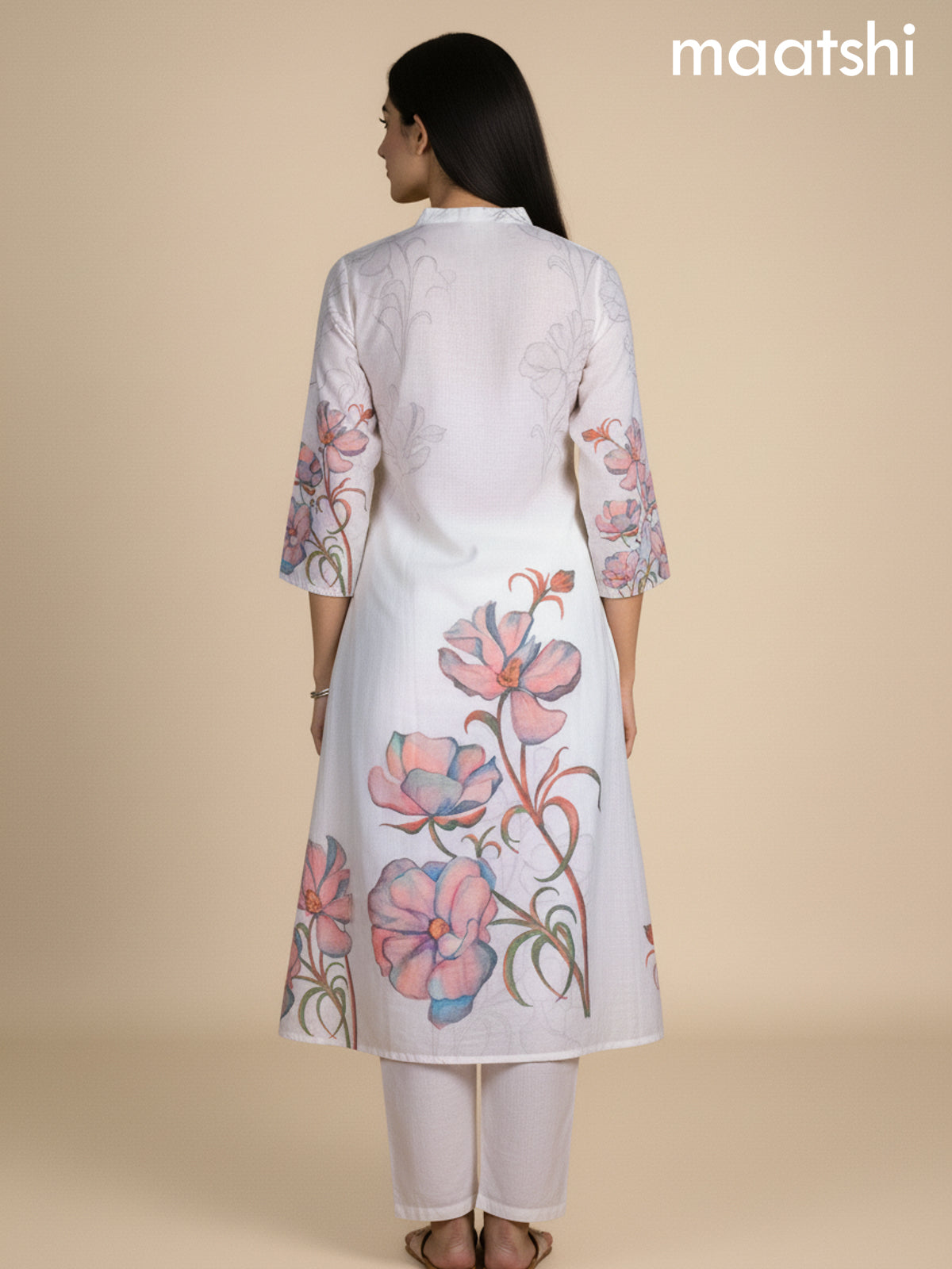 Off White Cotton Blend Floral Printed A-Line Kurti Set
