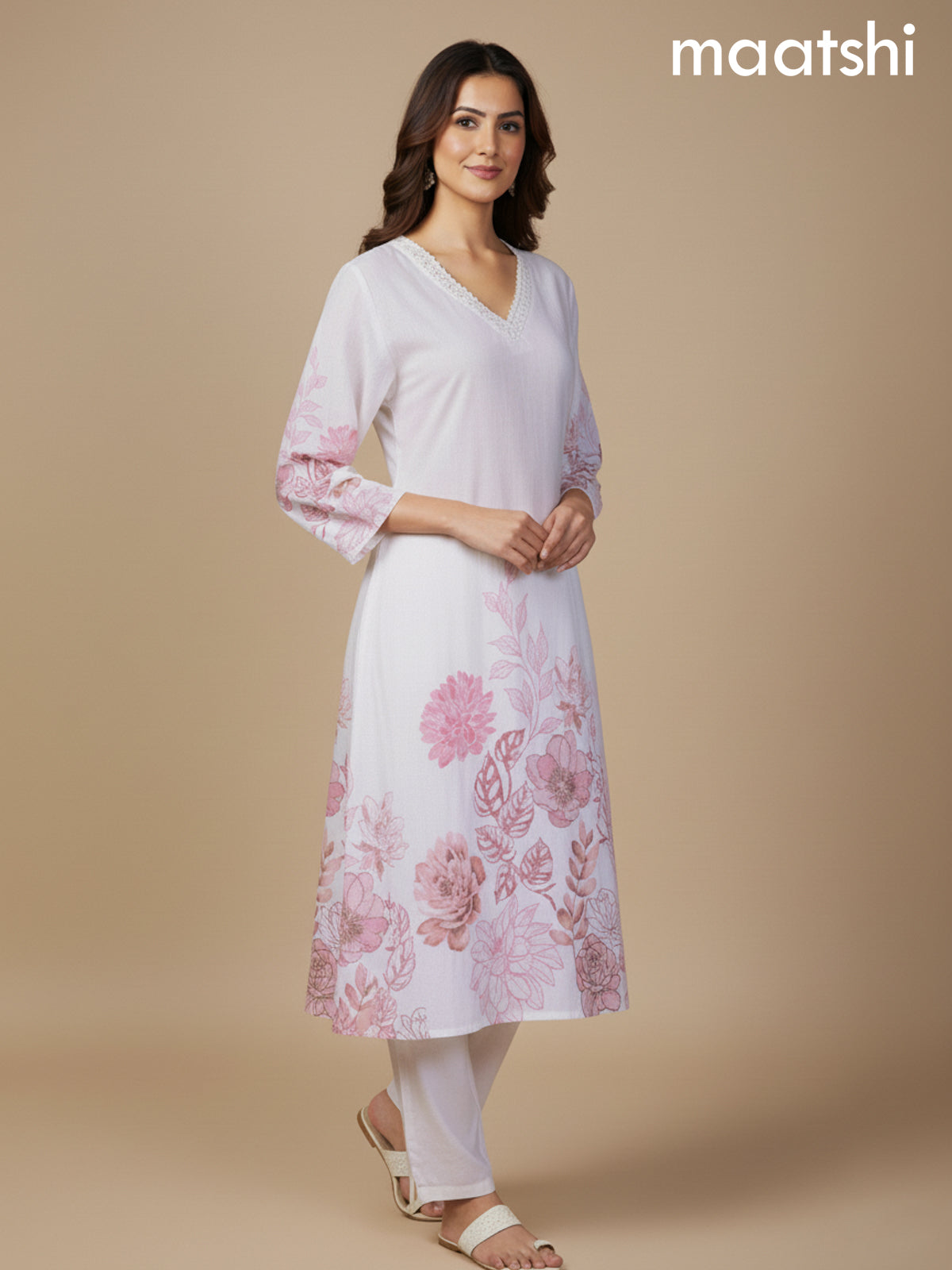 Off White Cotton Blend Floral Printed A-Line Kurti Set
