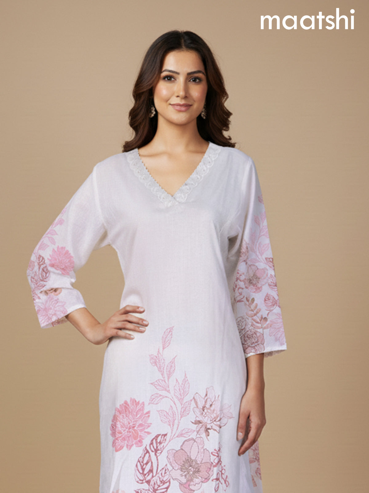 Off White Cotton Blend Floral Printed A-Line Kurti Set
