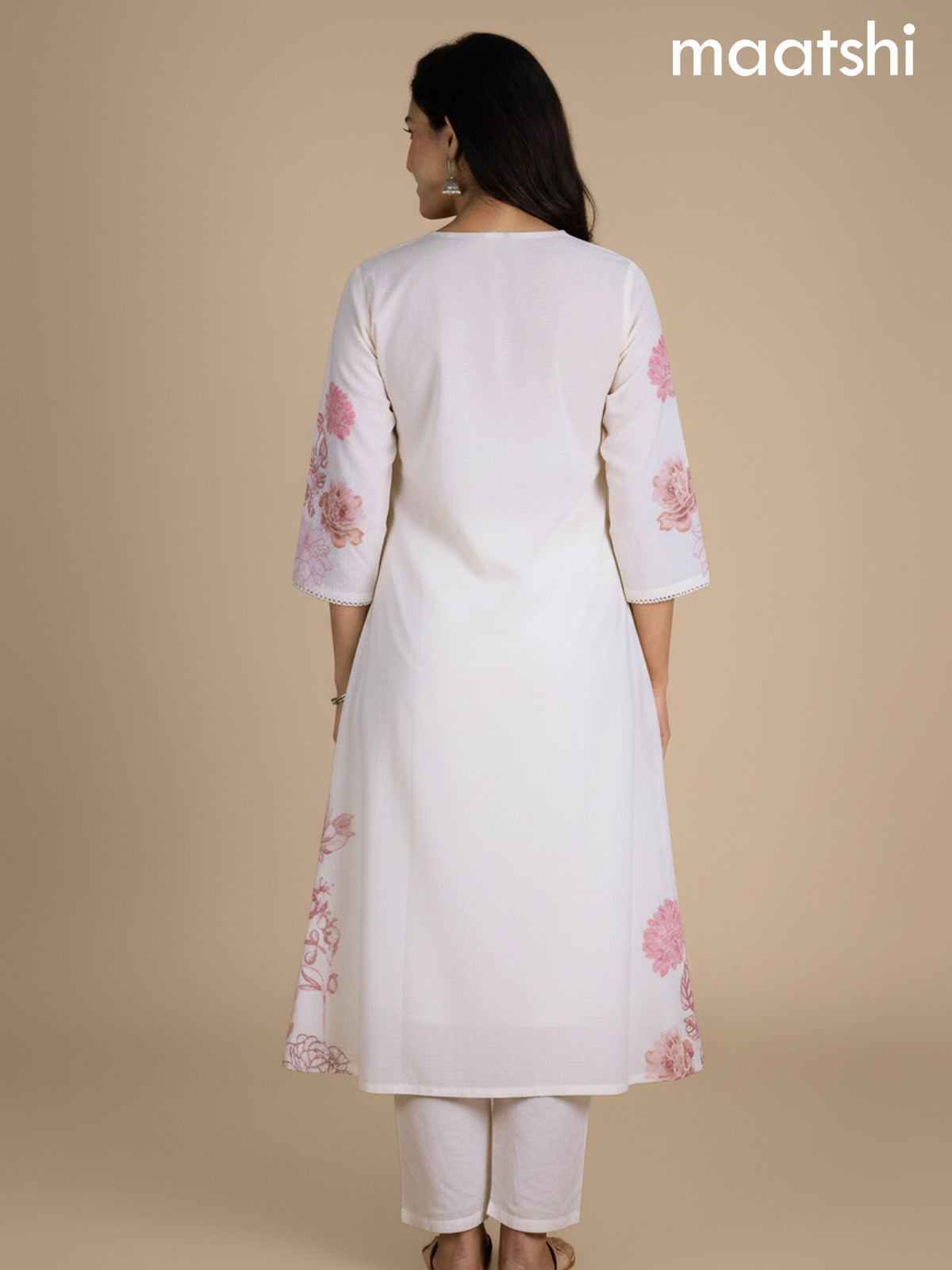 Off White Cotton Blend Floral Printed A-Line Kurti Set