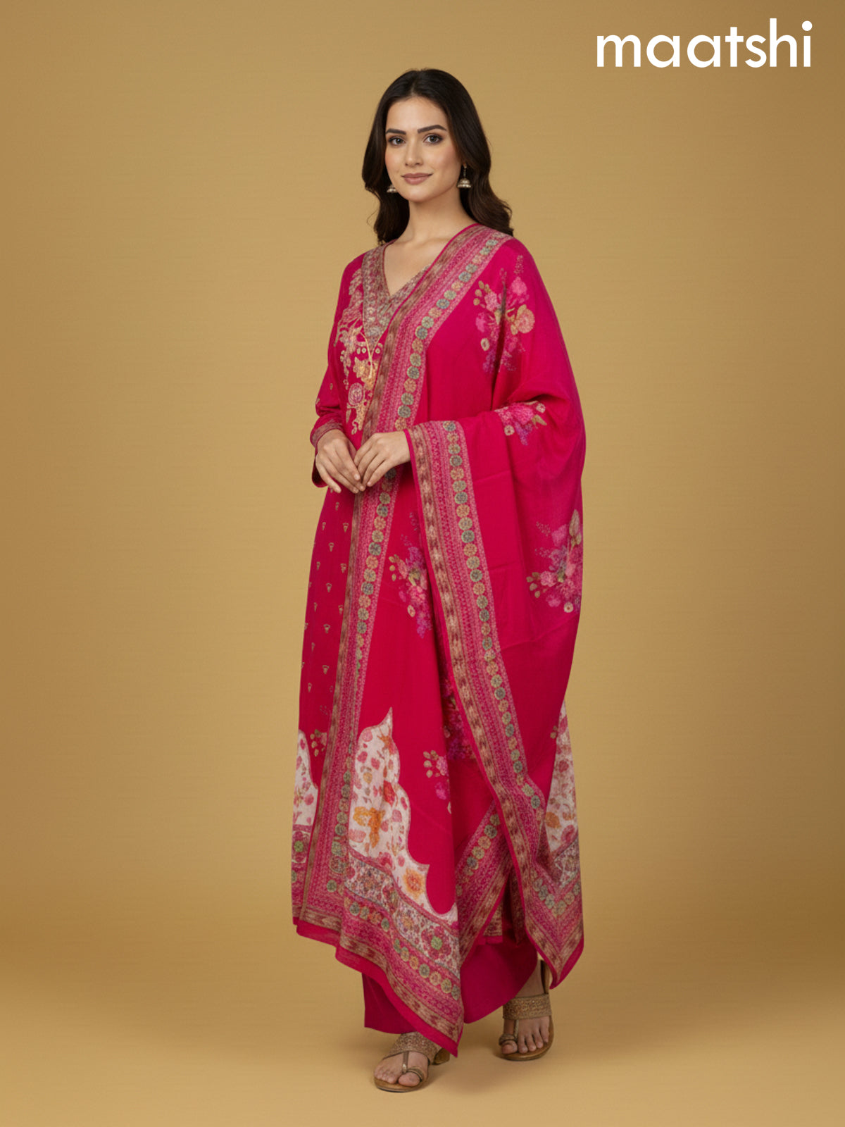 Pink Crepe Silk Printed Straight Suit