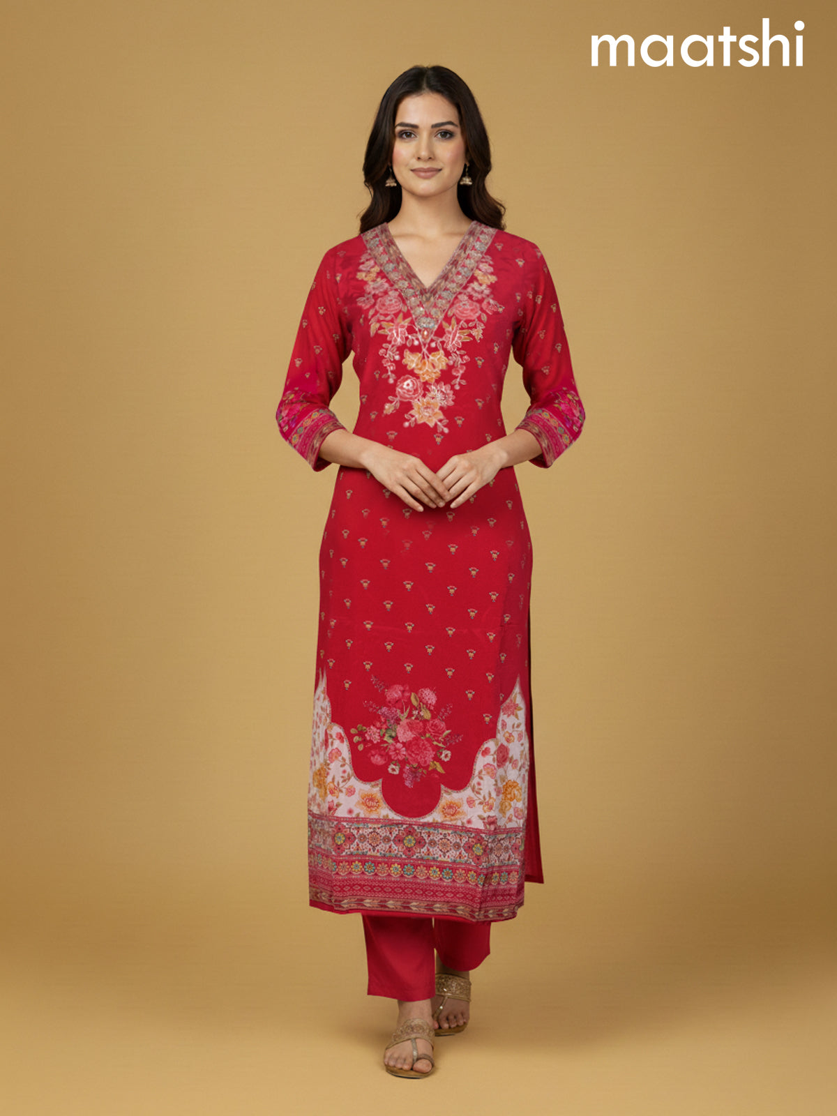 Pink Crepe Silk Printed Straight Suit