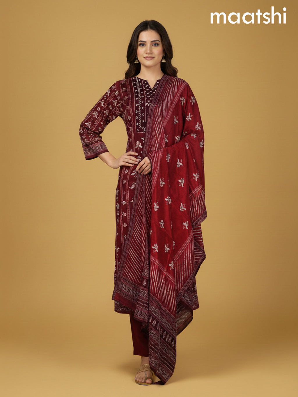 Maroon Crepe Silk Printed Straight Suit
