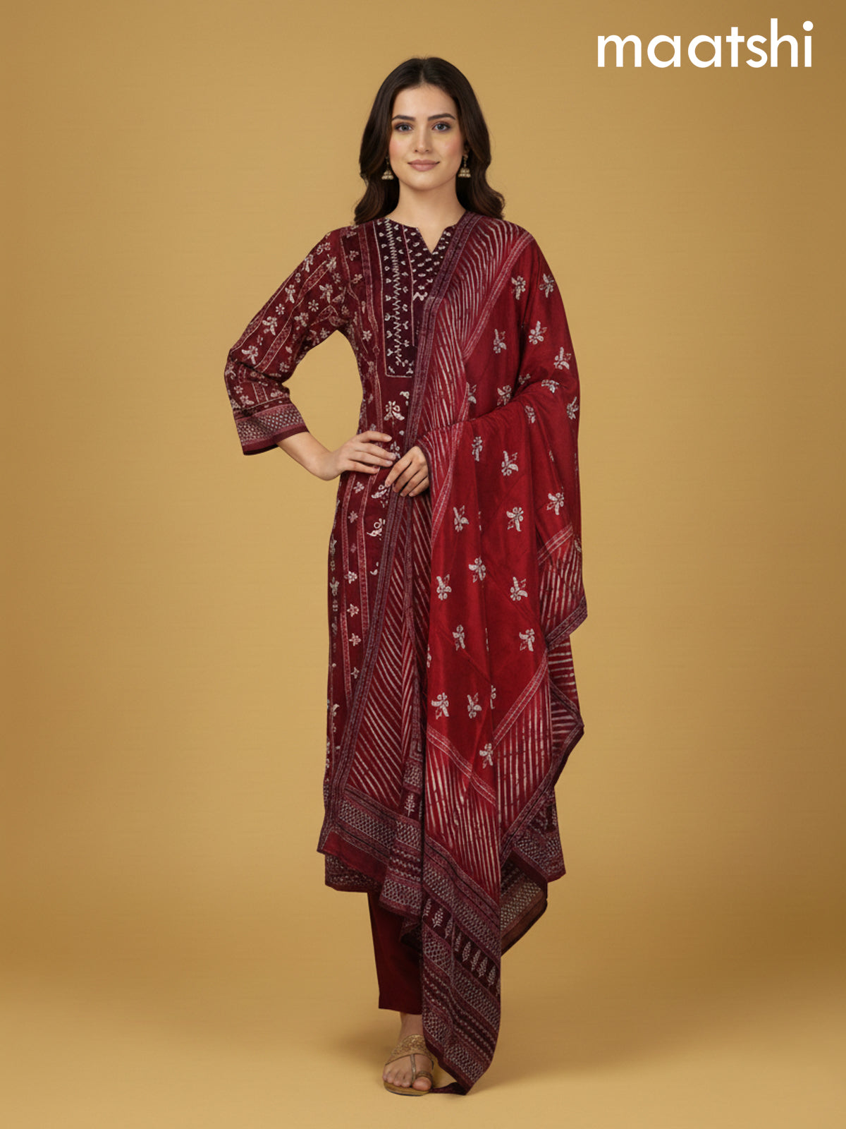 Maroon Crepe Silk Printed Straight Suit