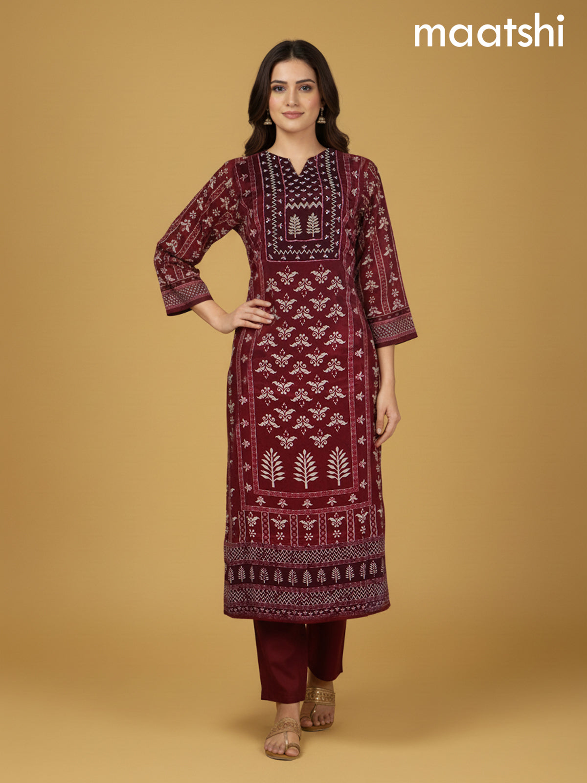Maroon Crepe Silk Printed Straight Suit