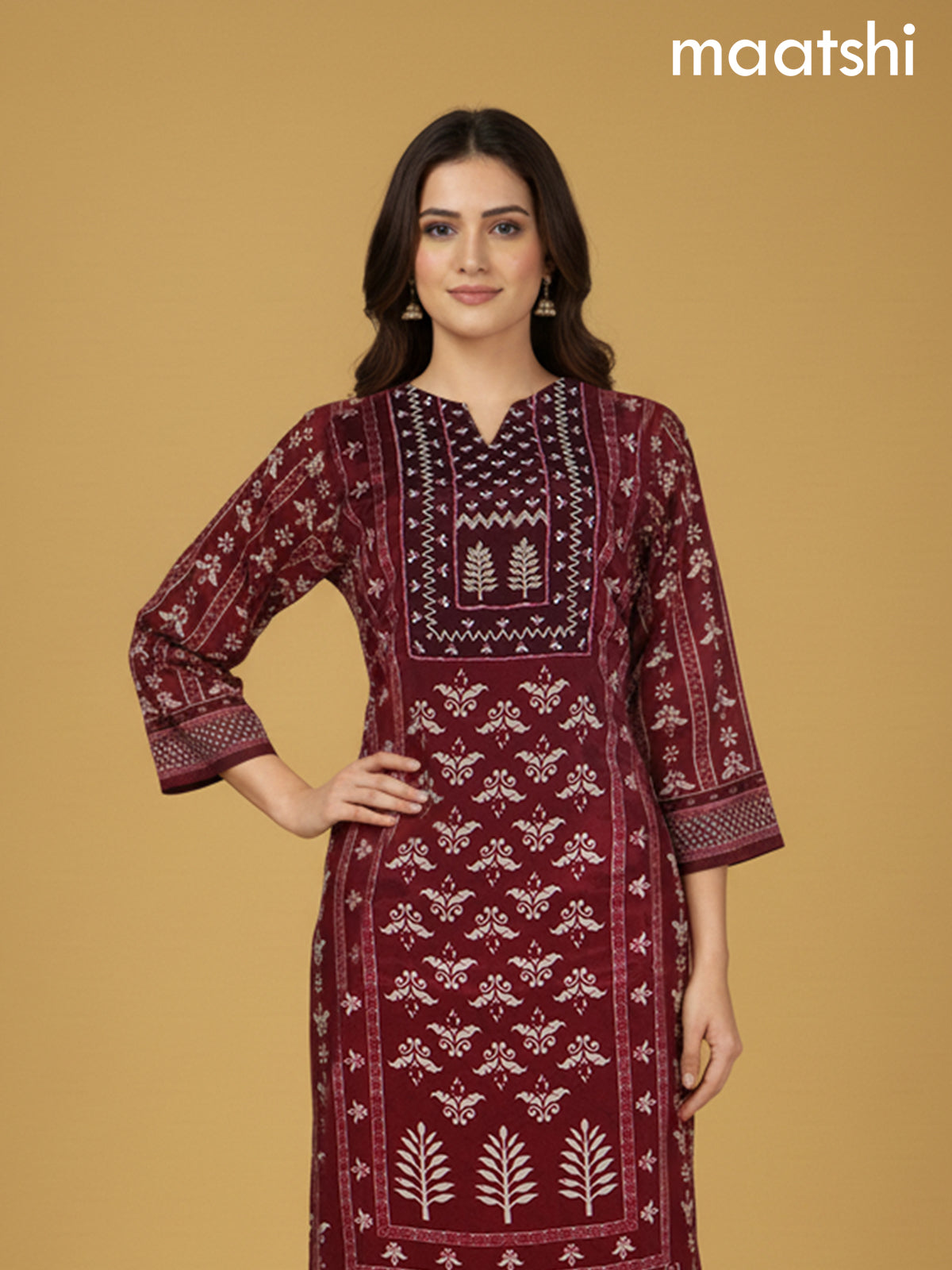 Maroon Crepe Silk Printed Straight Suit