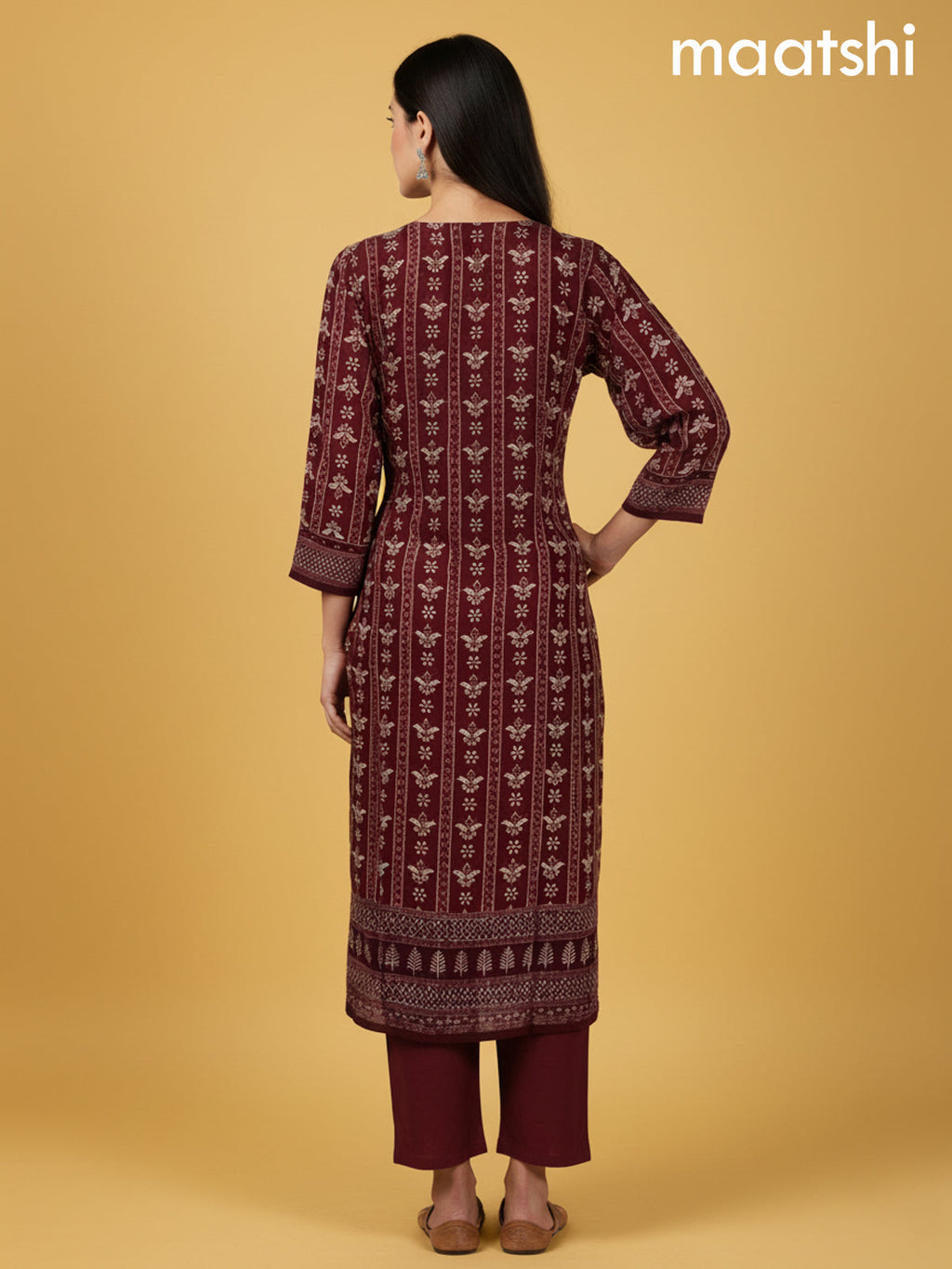 Maroon Crepe Silk Printed Straight Suit