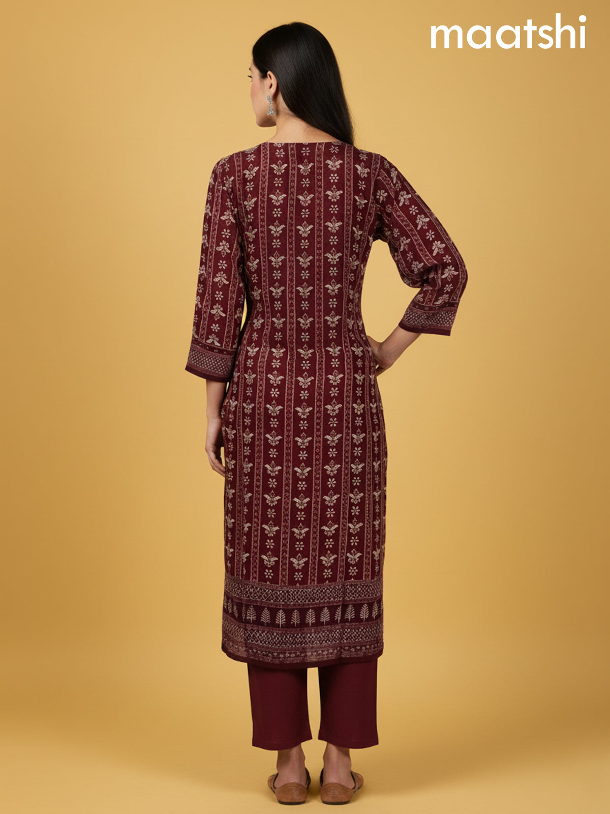 Maroon Crepe Silk Printed Straight Suit