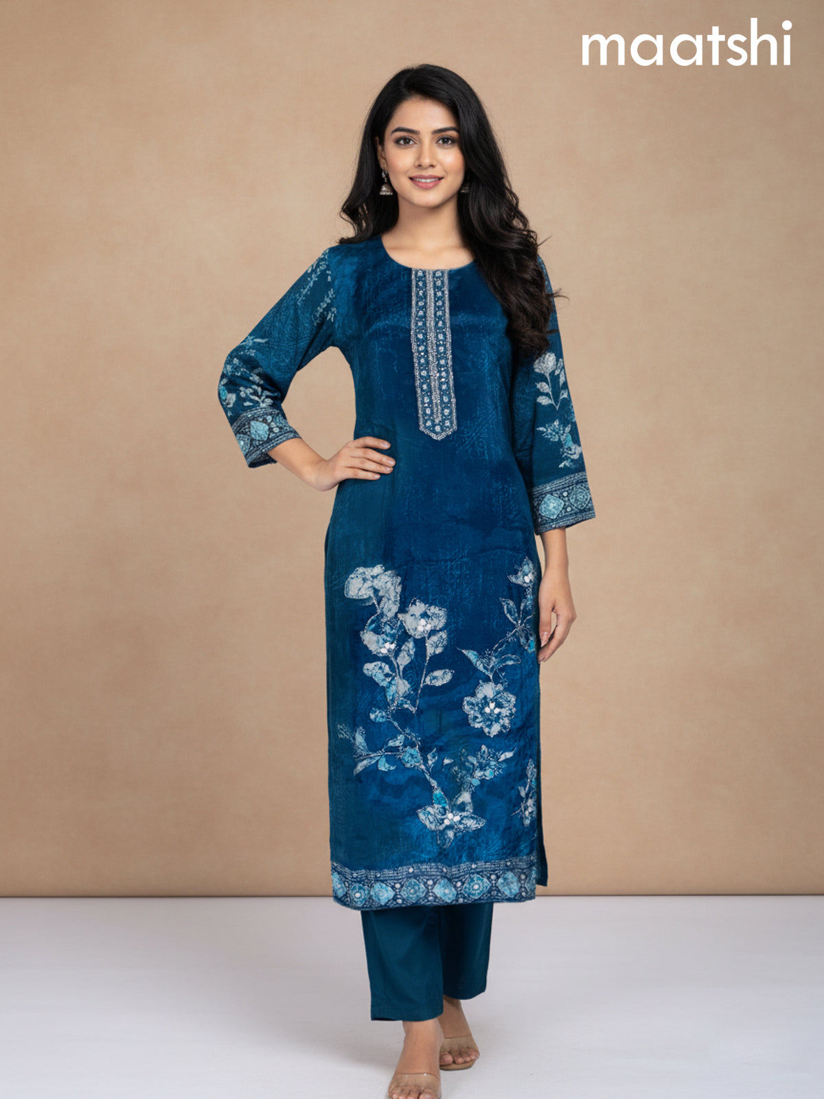 Peacock Blue Crepe Silk Printed Straight Suit