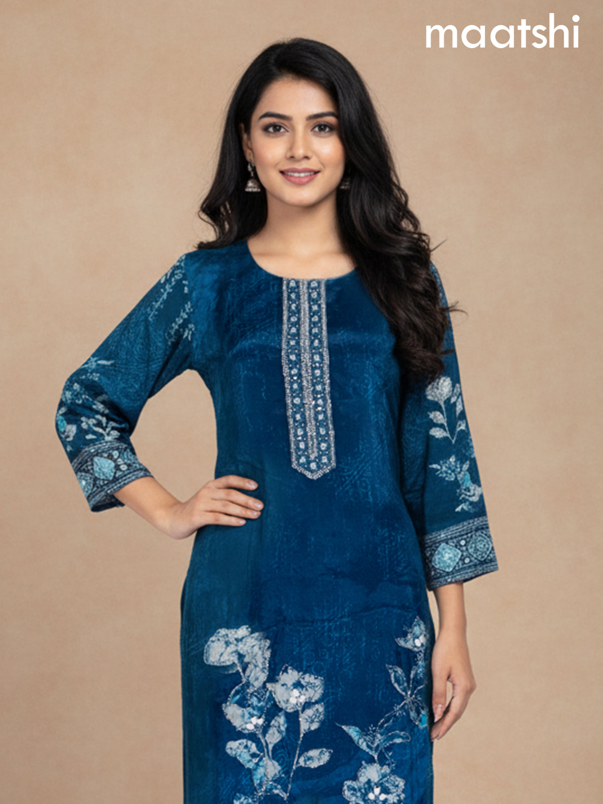 Peacock Blue Crepe Silk Printed Straight Suit