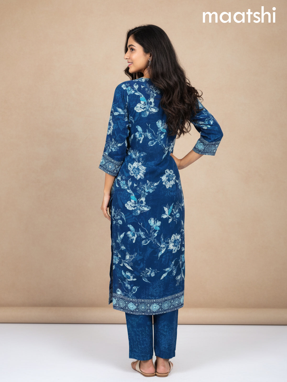 Peacock Blue Crepe Silk Printed Straight Suit
