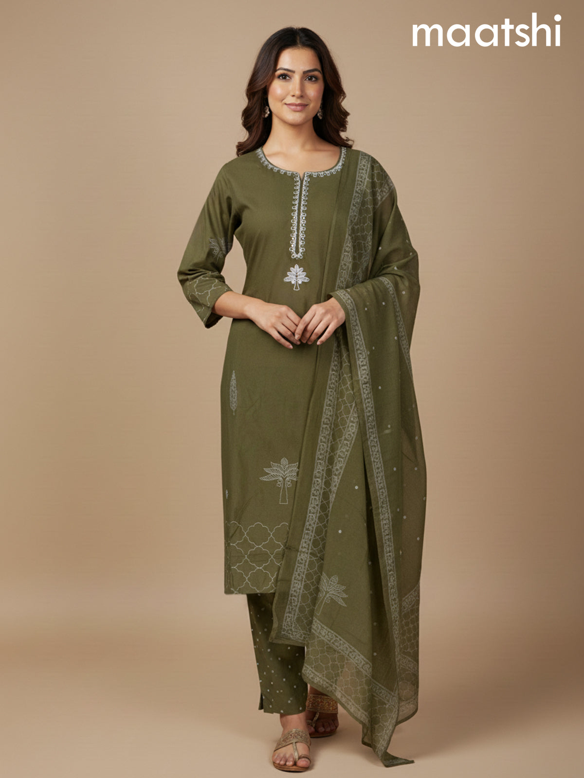 Sap Green Cotton Embroidery Work Straight Suit