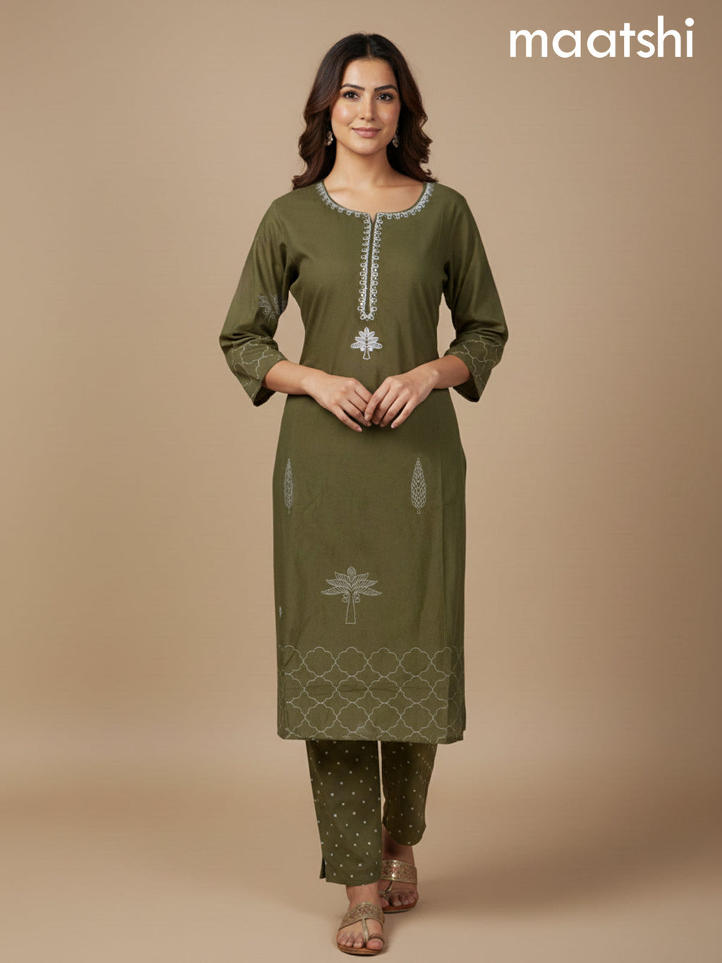 Sap Green Cotton Embroidery Work Straight Suit
