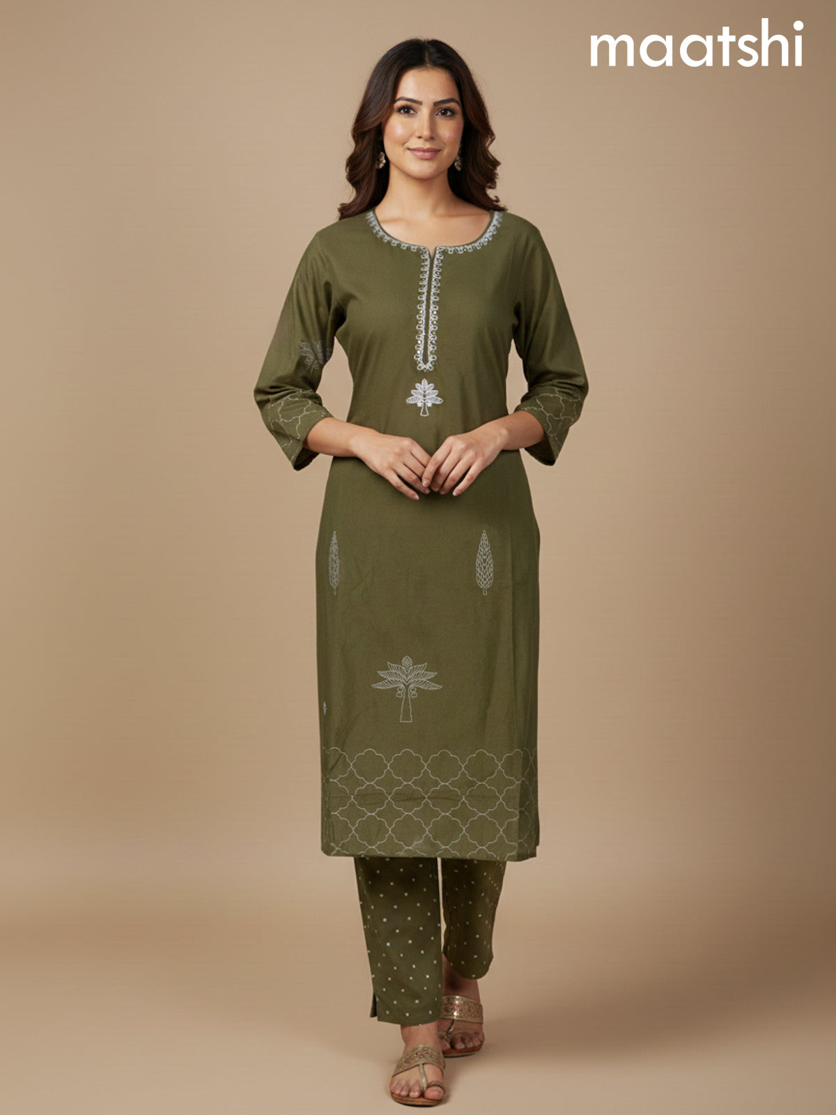 Sap Green Cotton Embroidery Work Straight Suit