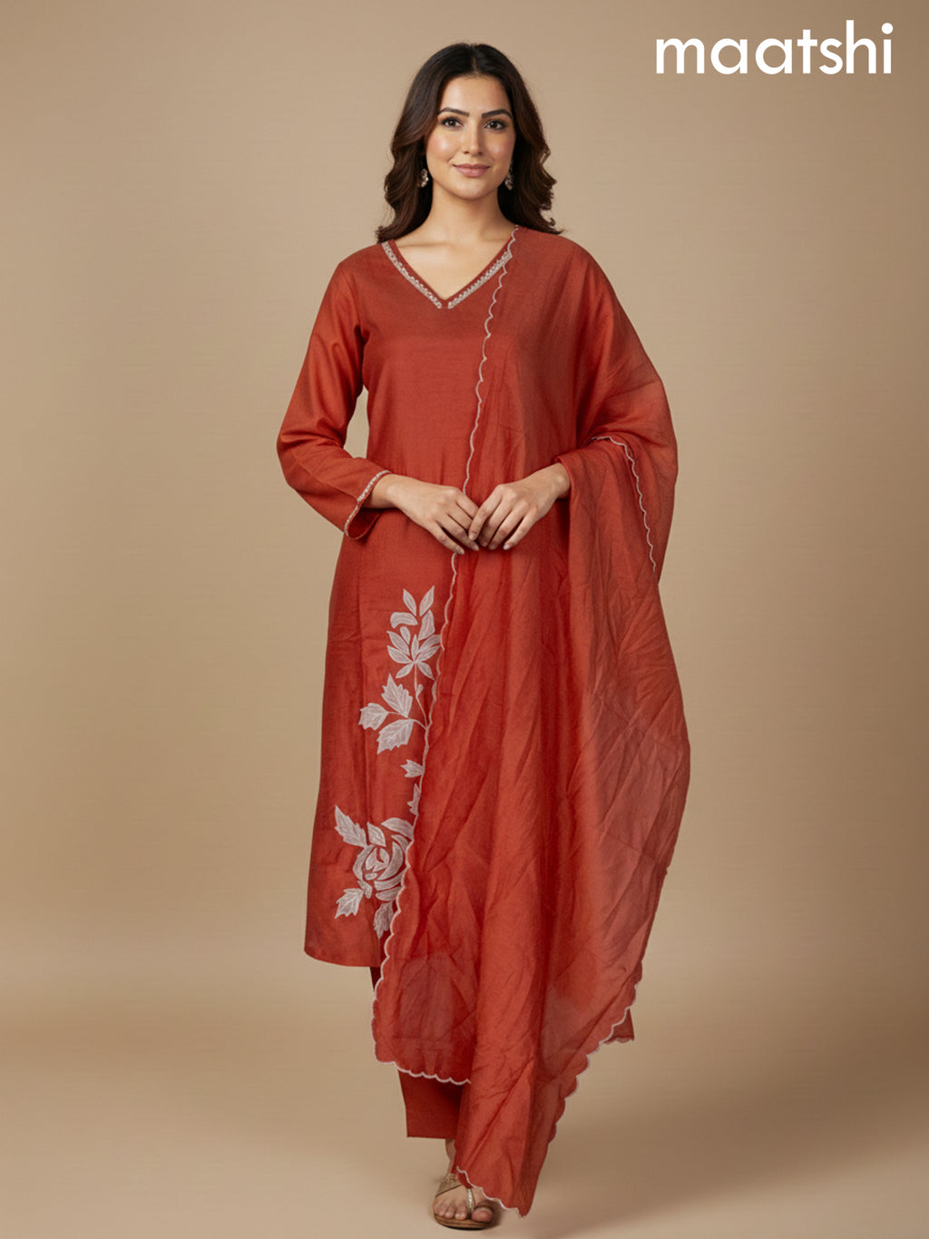 Rust Shade Mul Chanderi Floral Embroidery Work Straight Suit