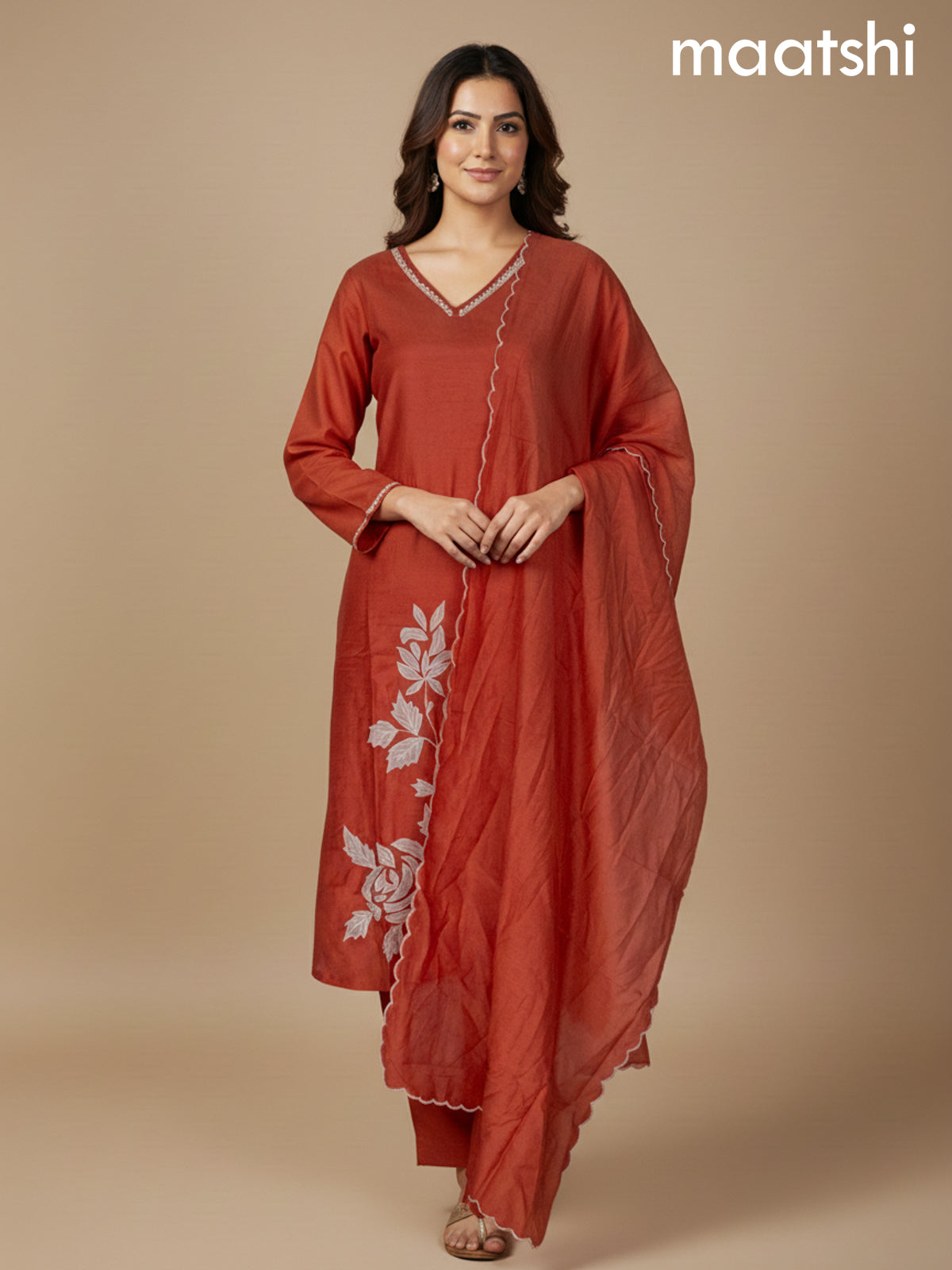 Rust Shade Mul Chanderi Floral Embroidery Work Straight Suit