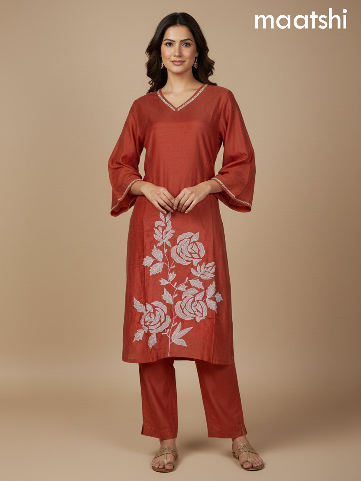 Rust Shade Mul Chanderi Floral Embroidery Work Straight Suit