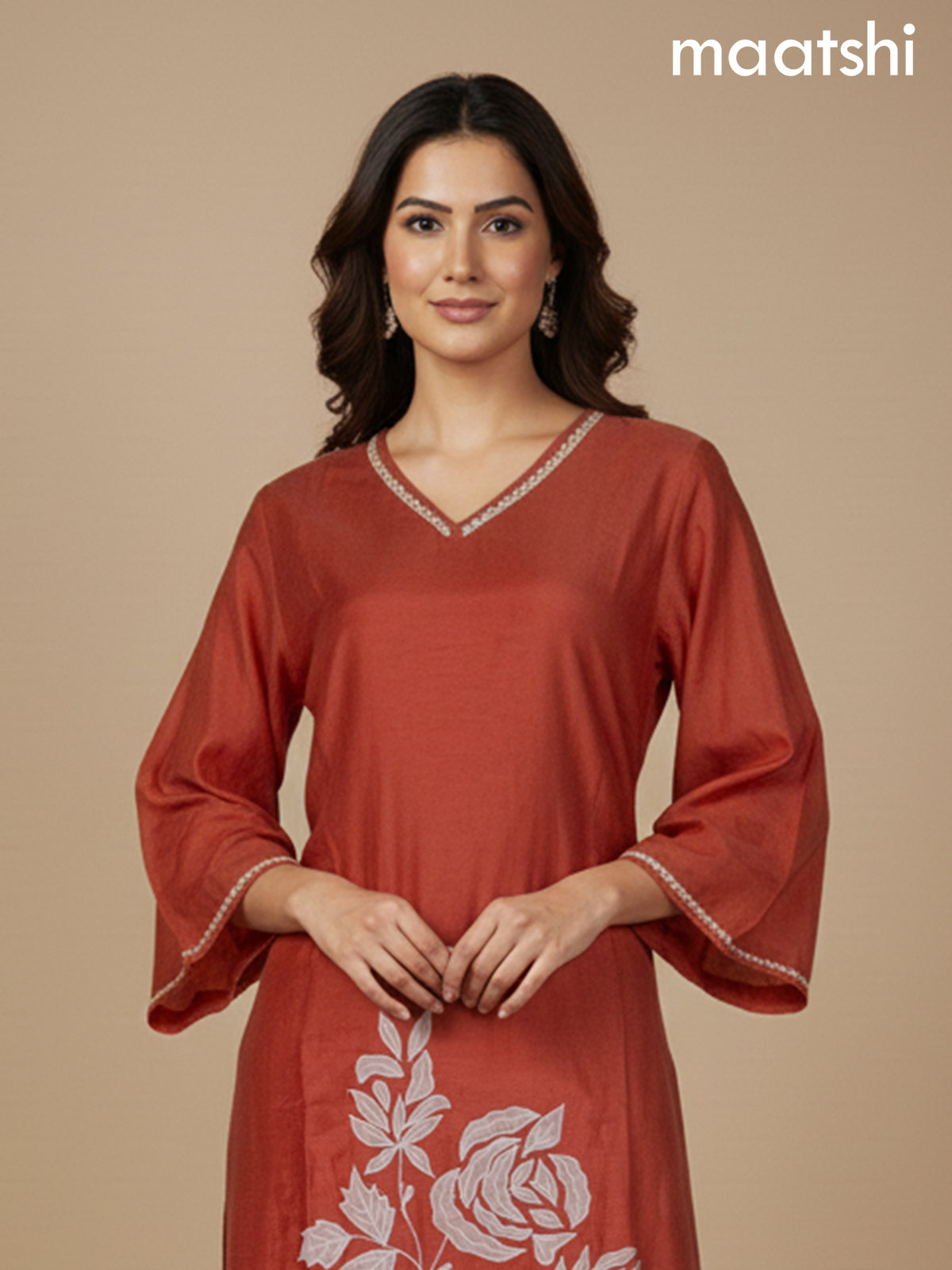 Rust Shade Mul Chanderi Floral Embroidery Work Straight Suit