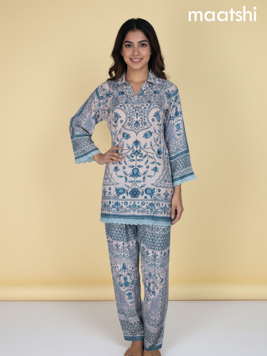 Beige and Blue Crepe Silk Printed Co-Ord Set