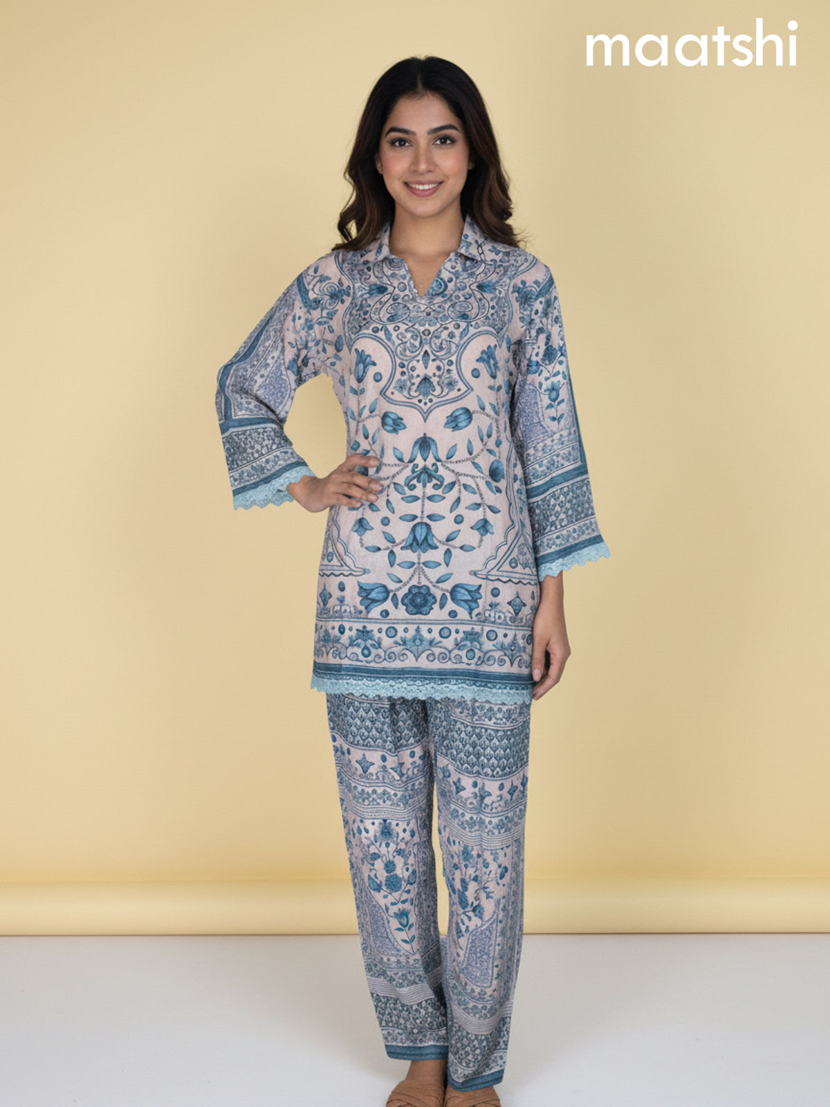 Beige and Blue Crepe Silk Printed Co-Ord Set