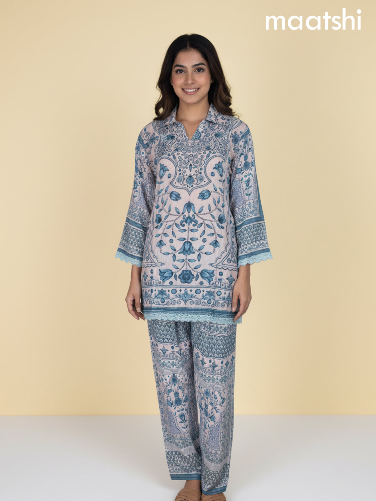 Beige and Blue Crepe Silk Printed Co-Ord Set