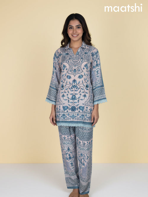 Beige and Blue Crepe Silk Printed Co-Ord Set