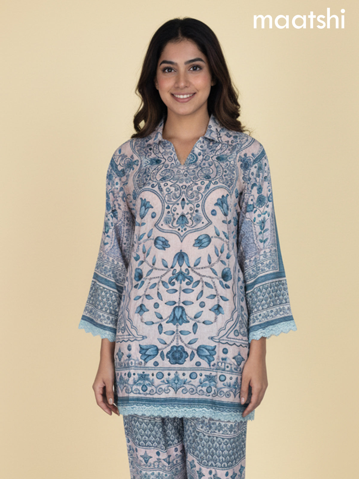Beige and Blue Crepe Silk Printed Co-Ord Set