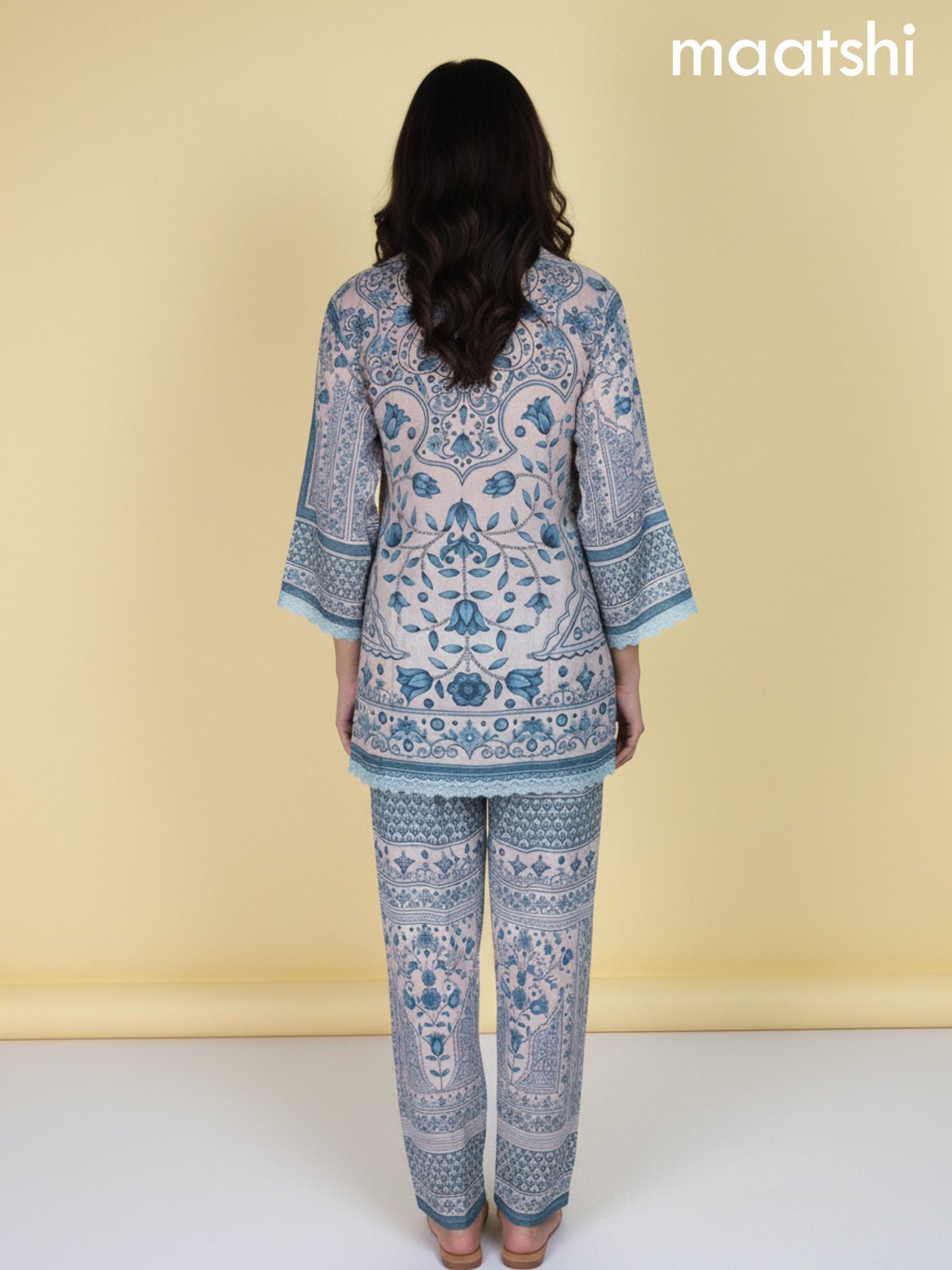 Beige and Blue Crepe Silk Printed Co-Ord Set